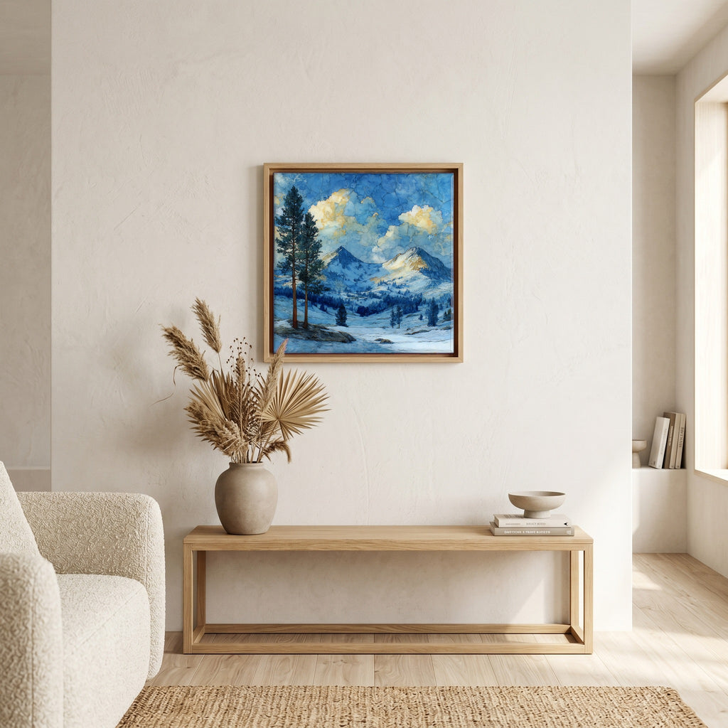 In the living room, above the sofa.