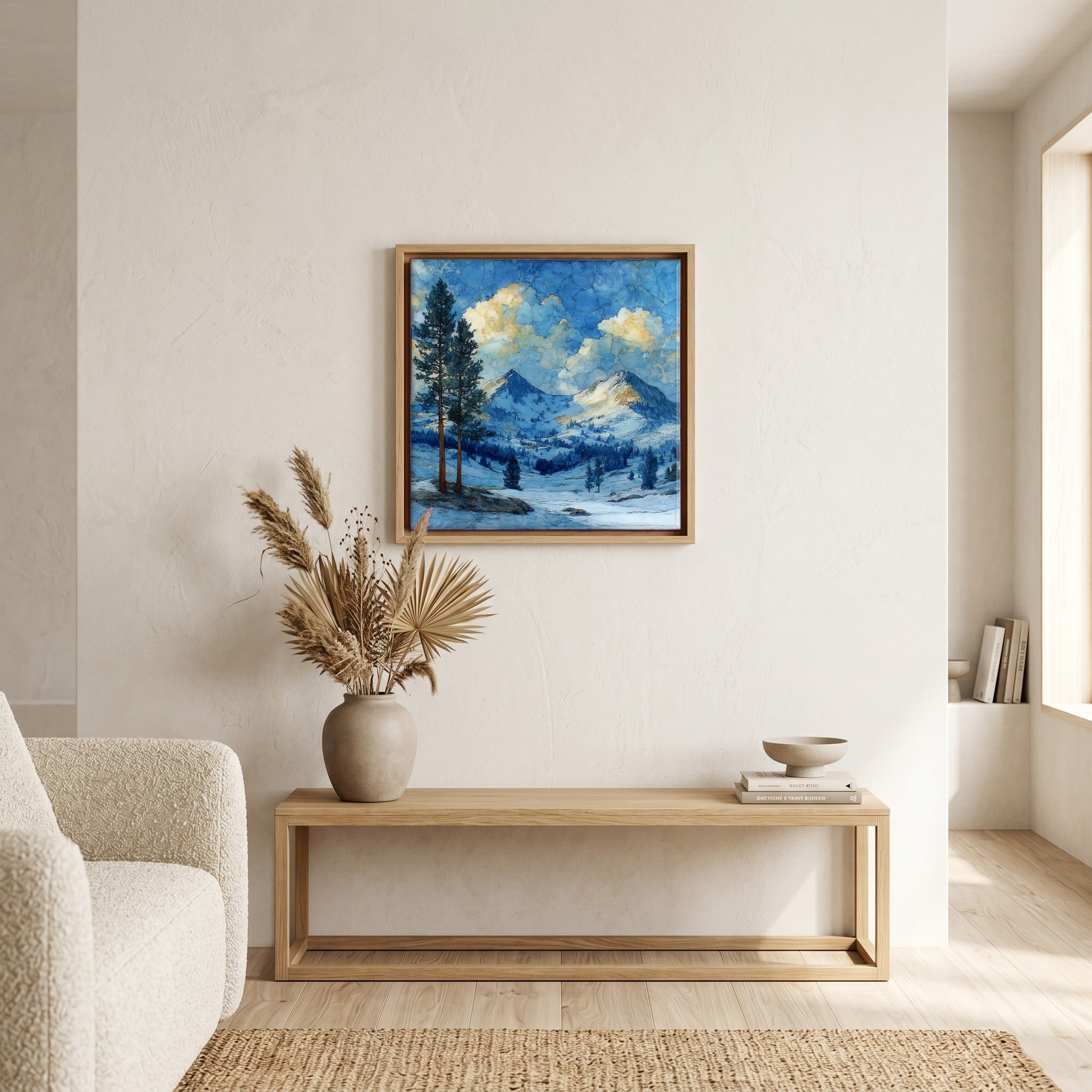 In the living room, above the sofa.