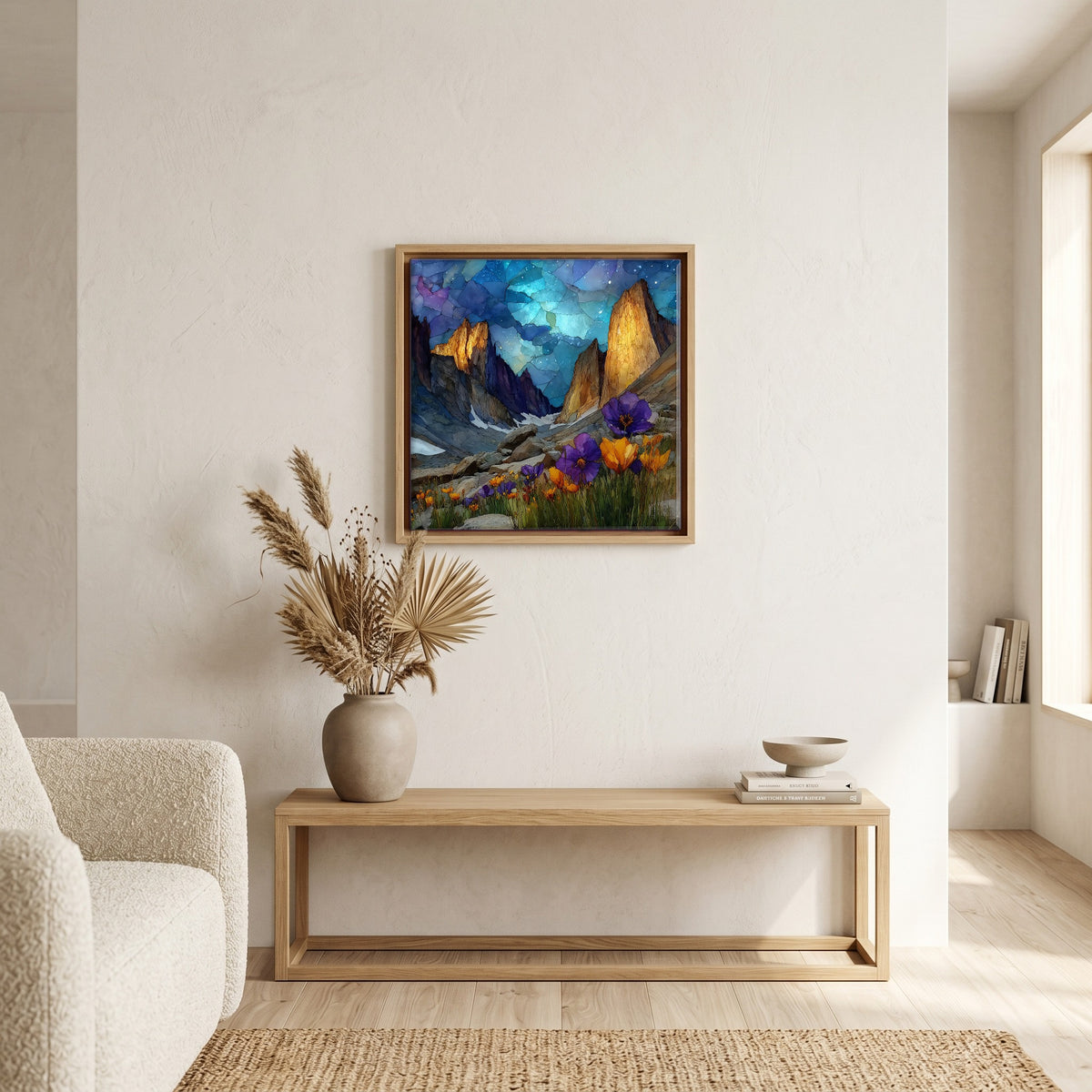 In the living room, above the sofa.