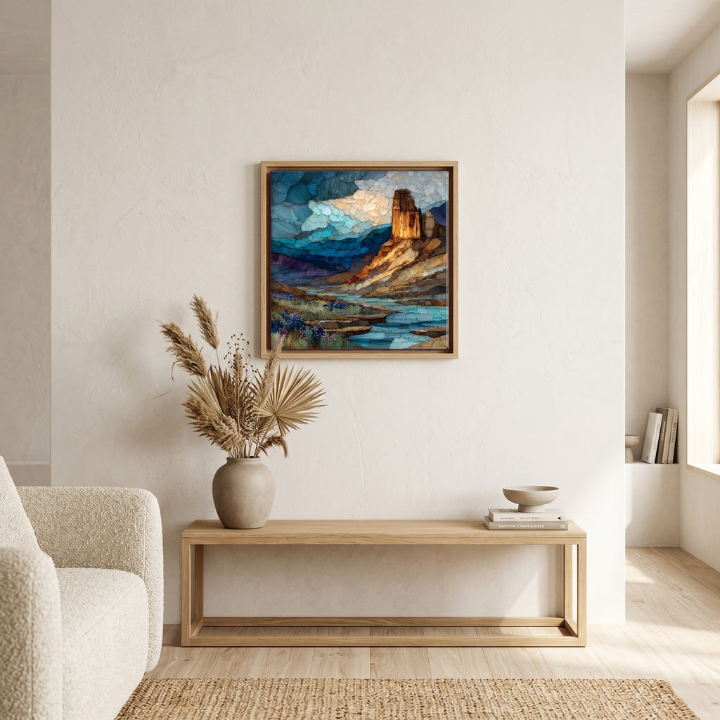 In the living room, above the sofa.