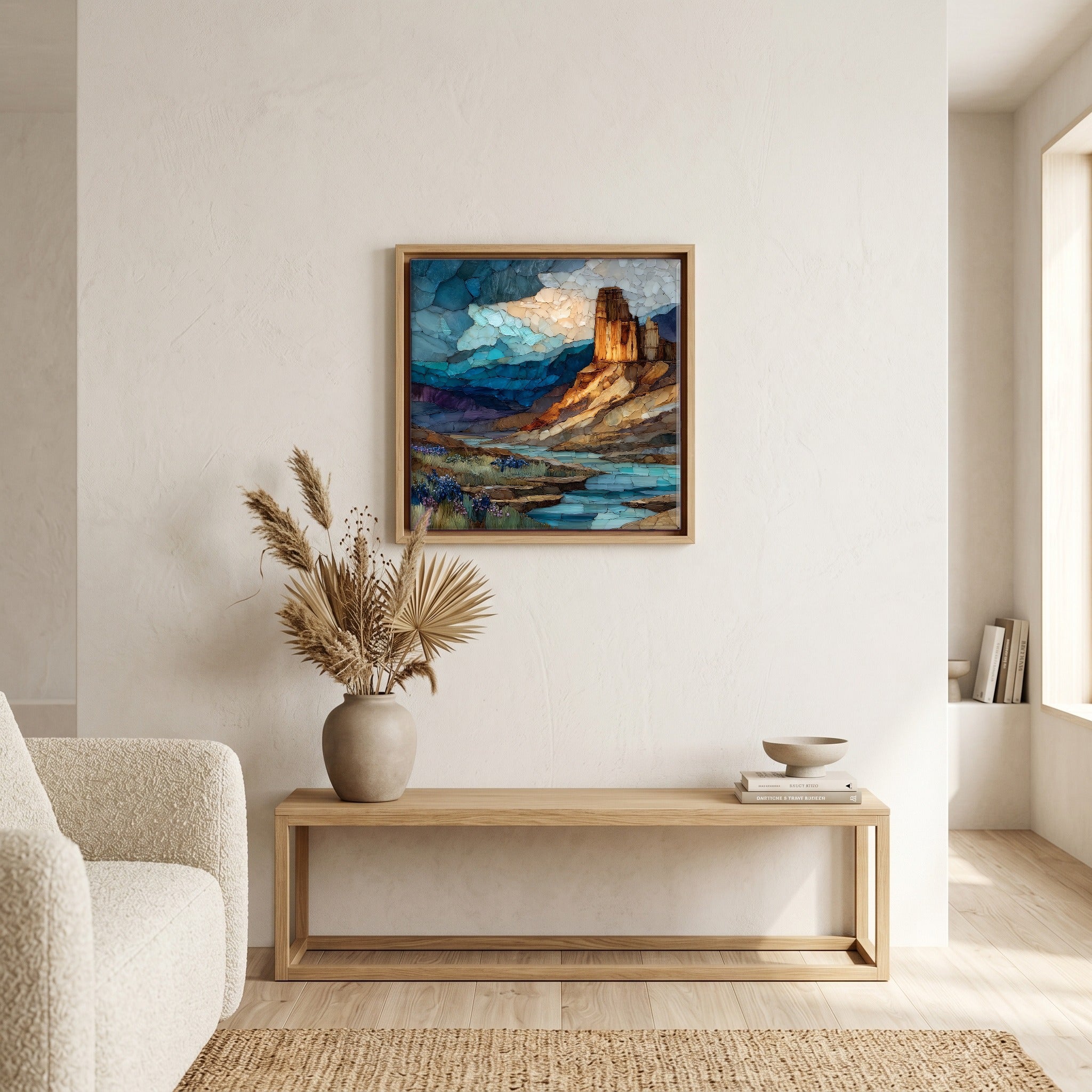 In the living room, above the sofa.