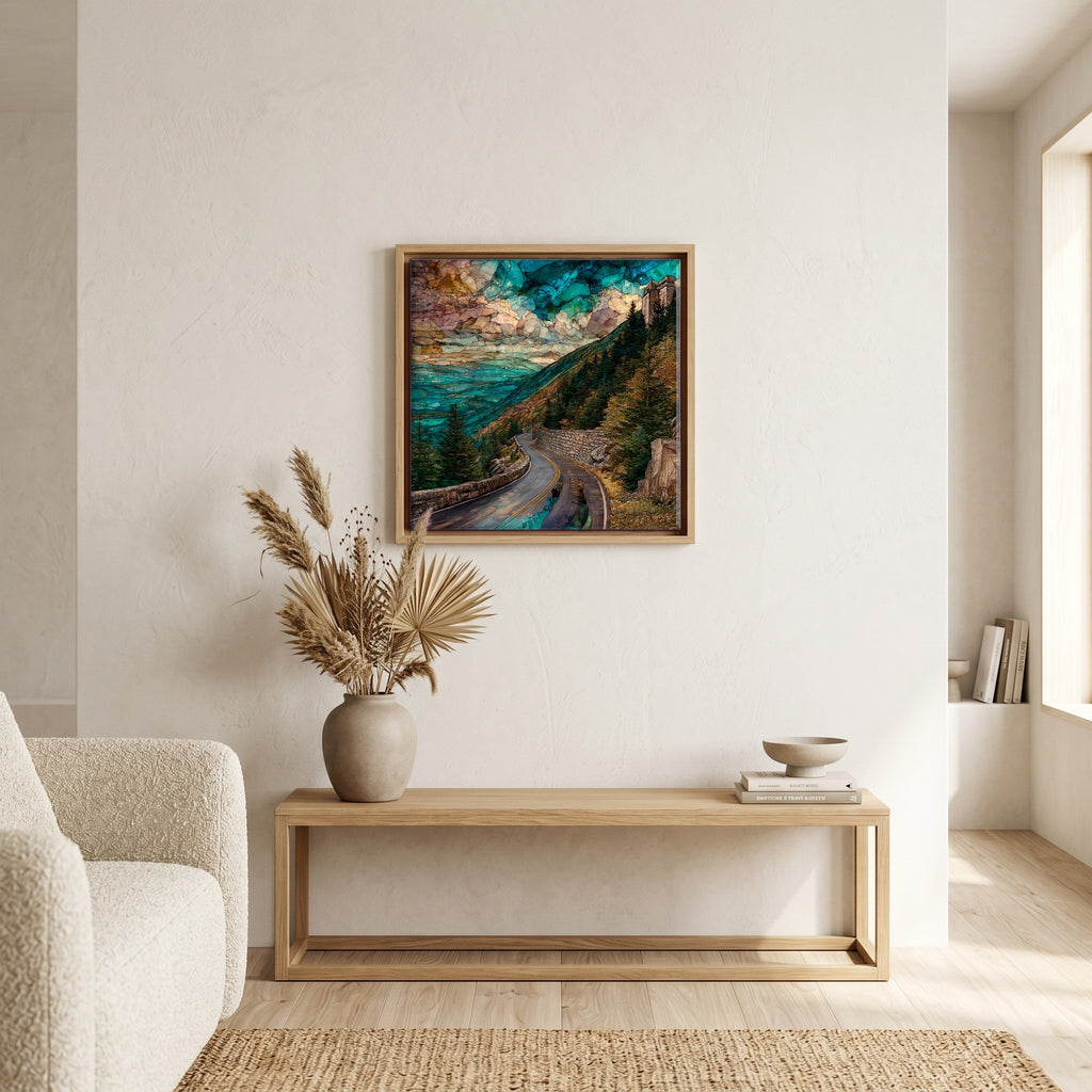 In the living room, above the sofa.