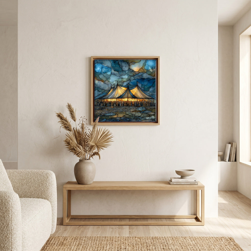 In the living room, above the sofa.