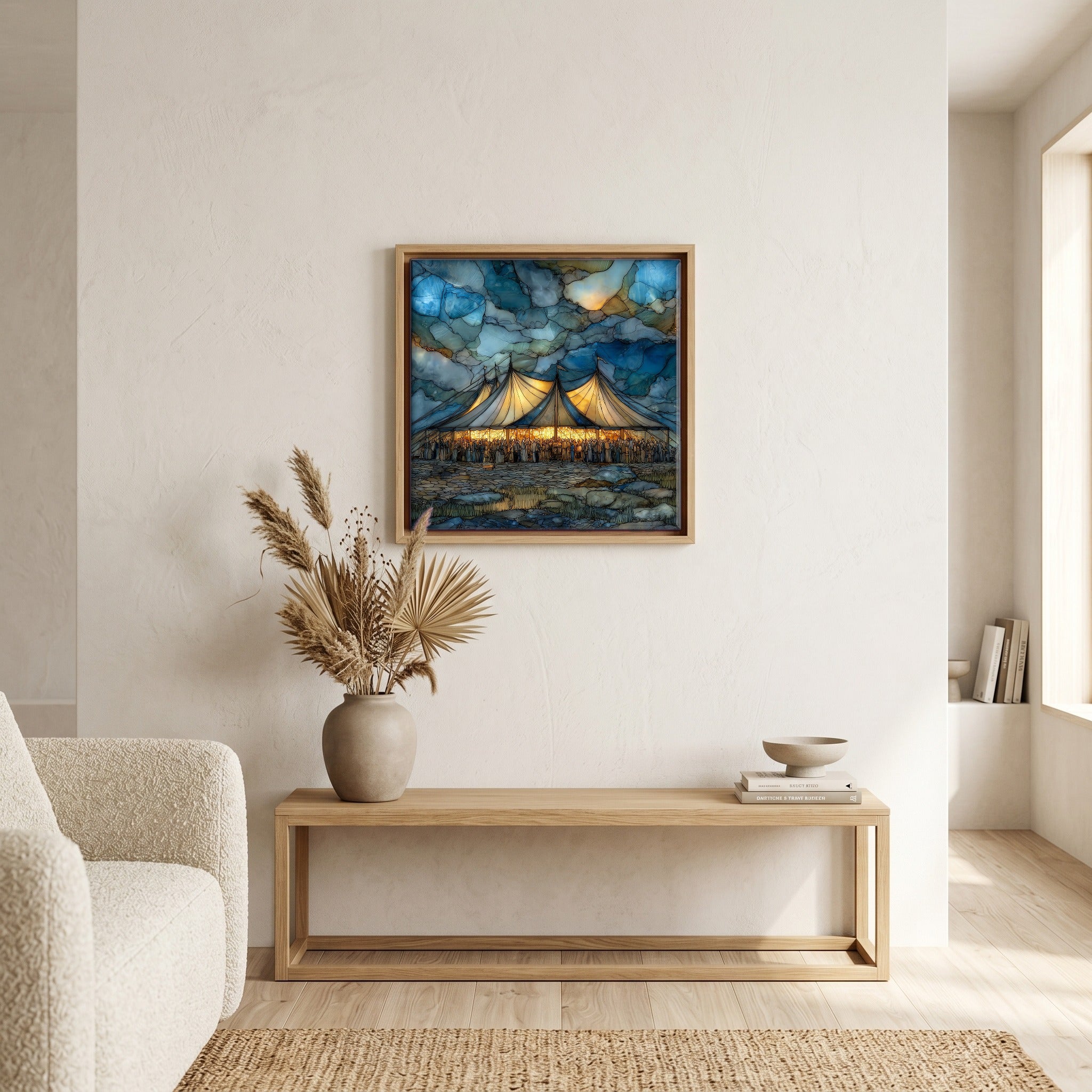 In the living room, above the sofa.