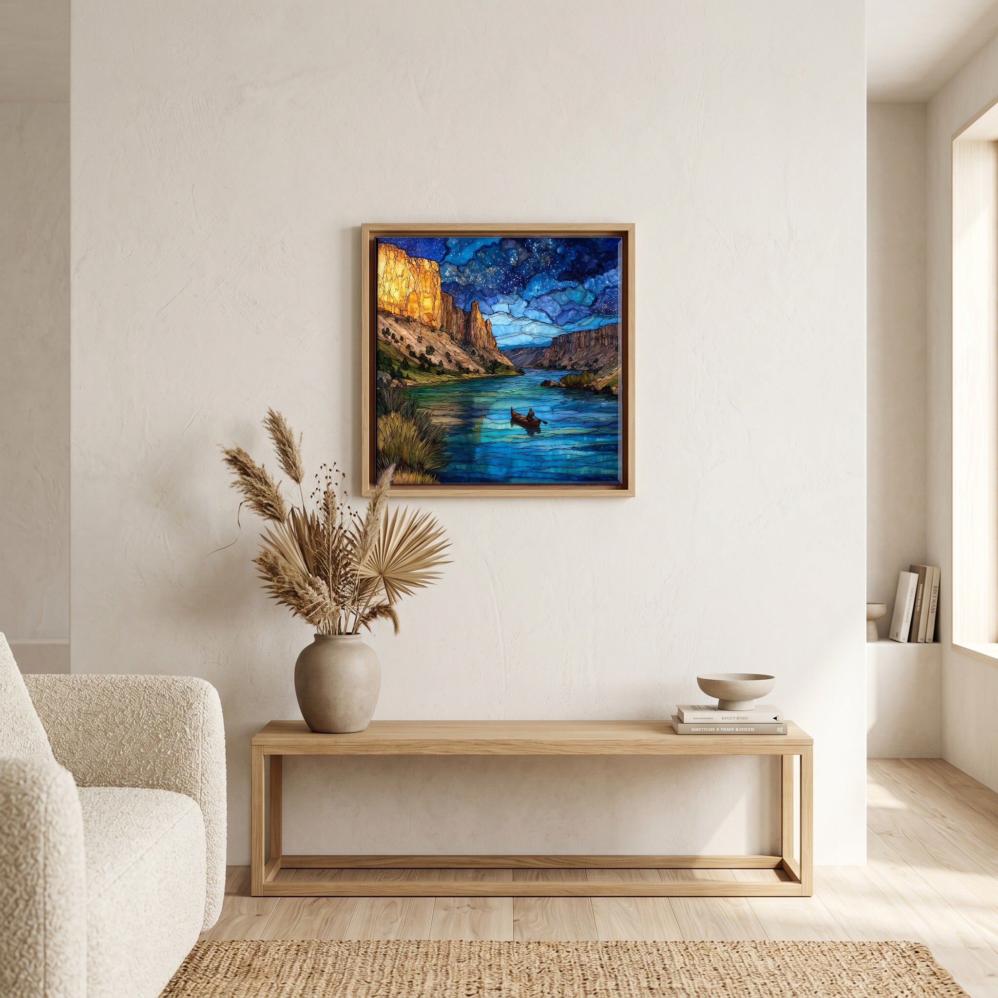 In the living room, above the sofa.