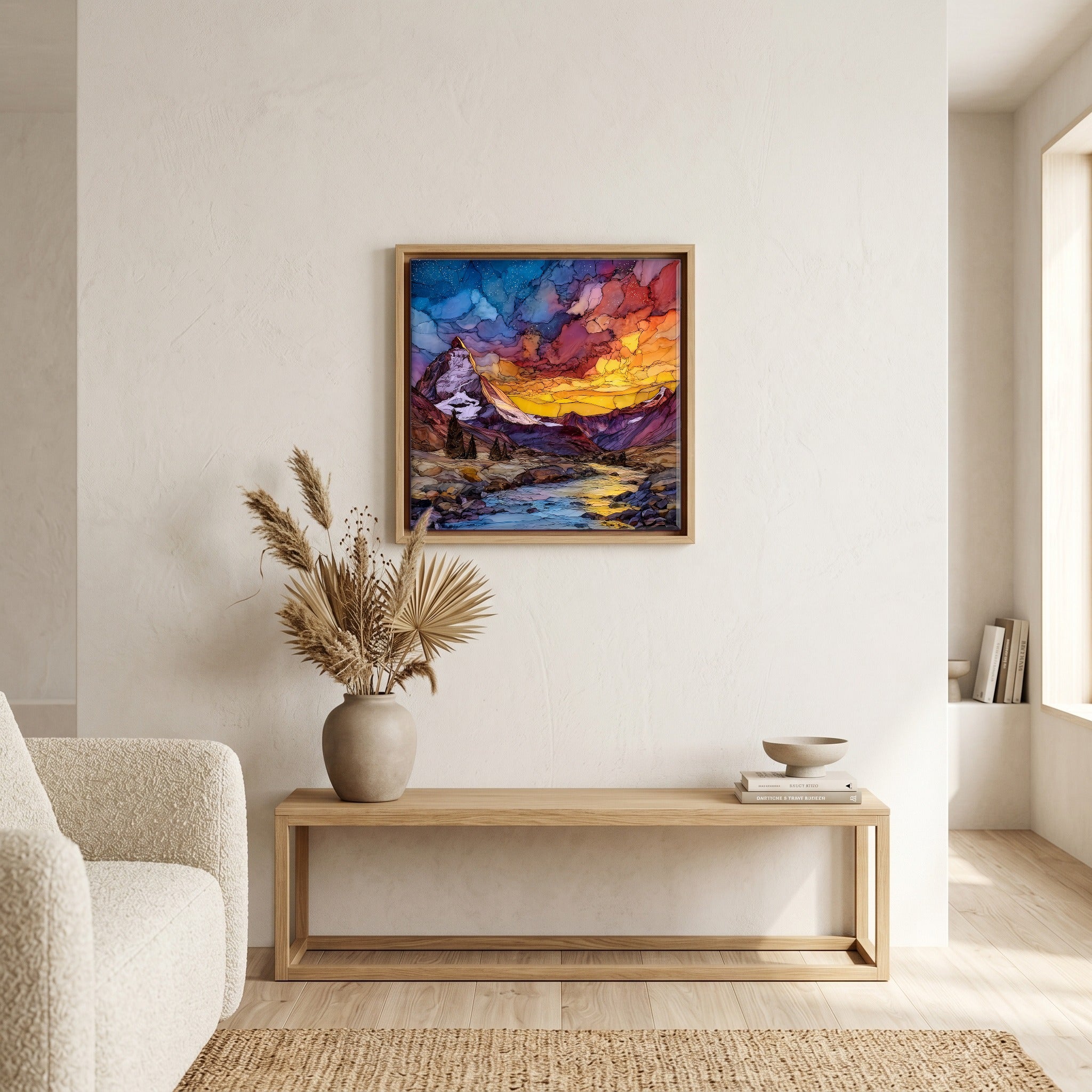 Above the bench, in a warm oak surround.