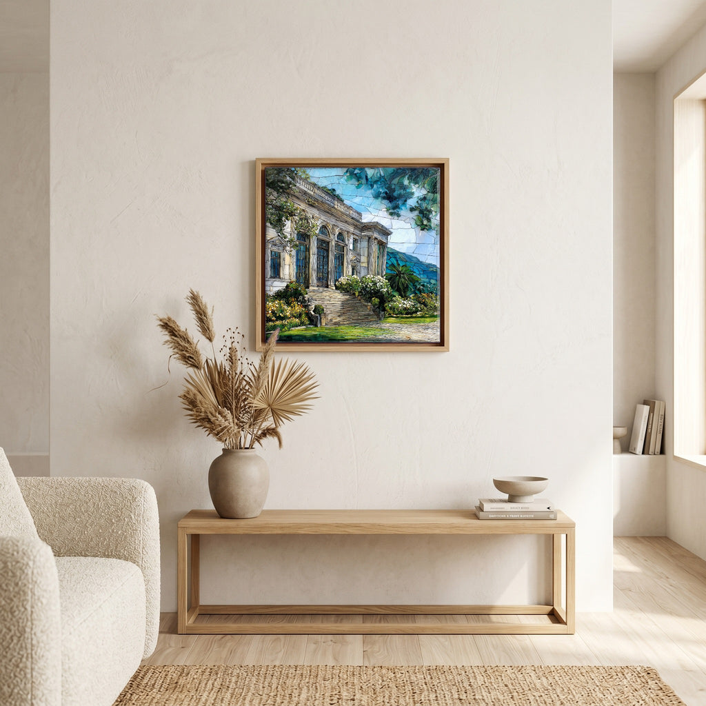 In the living room, above the sofa.