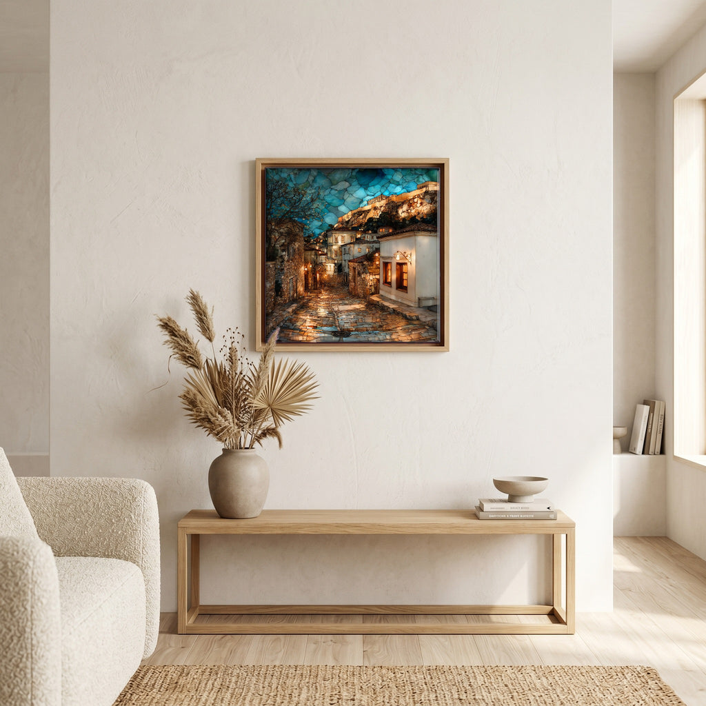 In the living room, above the sofa.