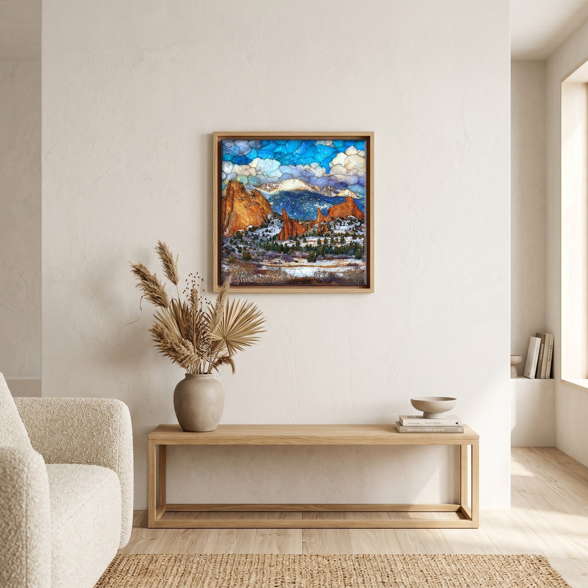 In the living room, above the sofa.
