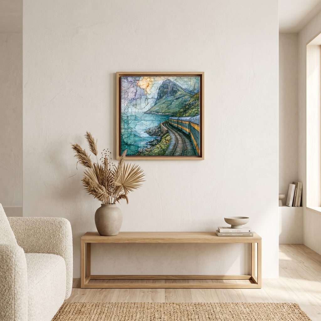 In the living room, above the sofa.