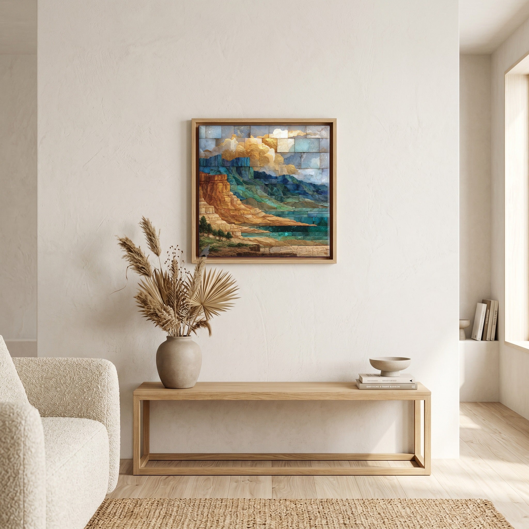 In the living room, above the sofa.