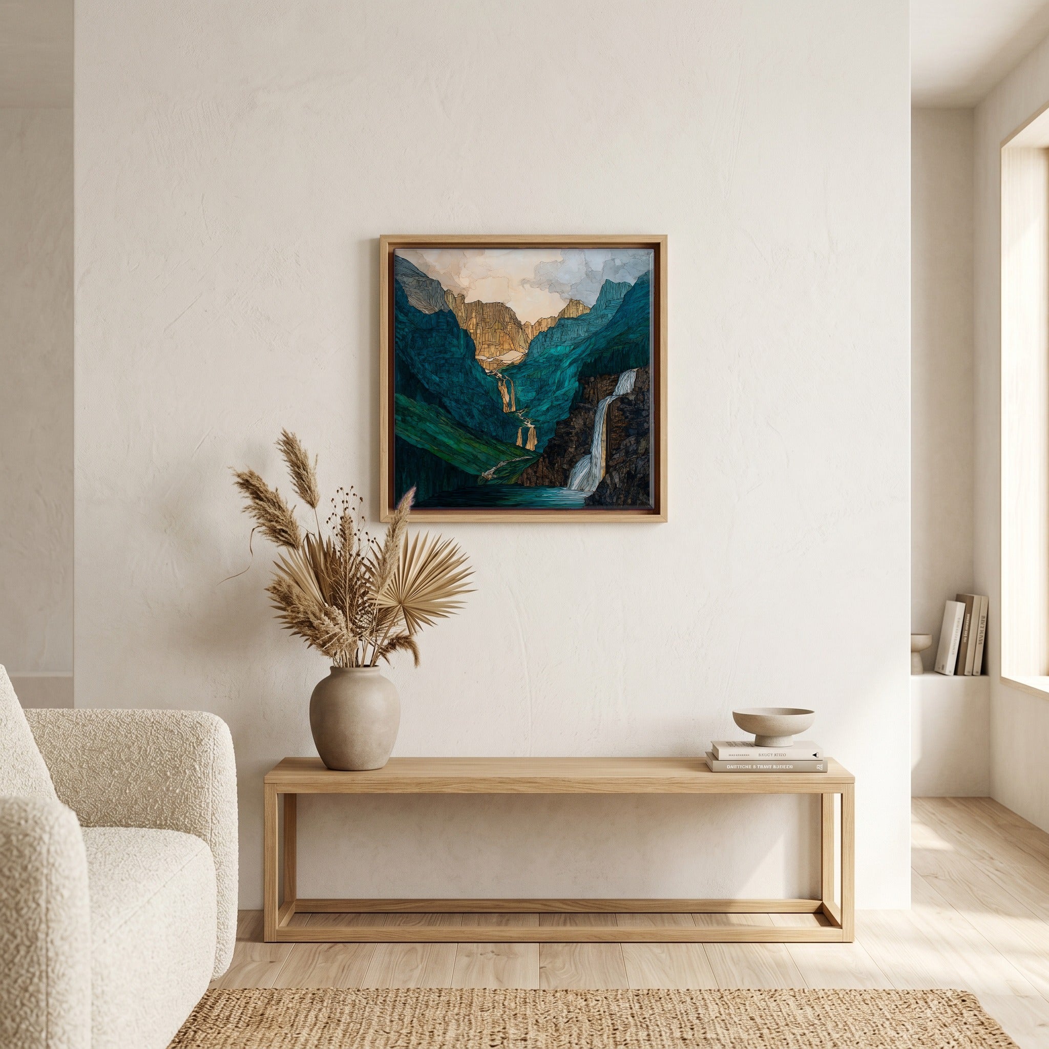 Above the bench, in a warm oak surround.