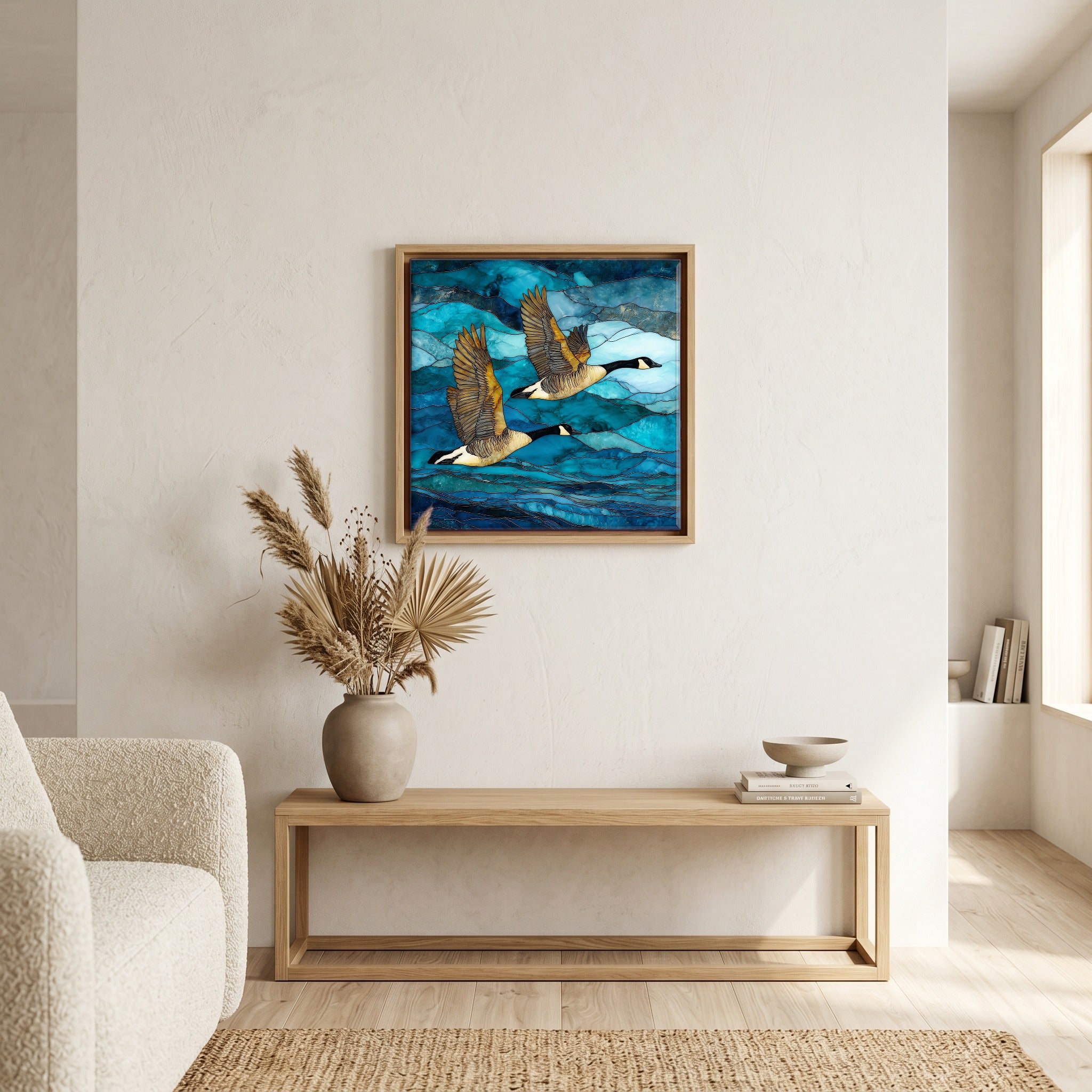 In the living room, above the sofa.