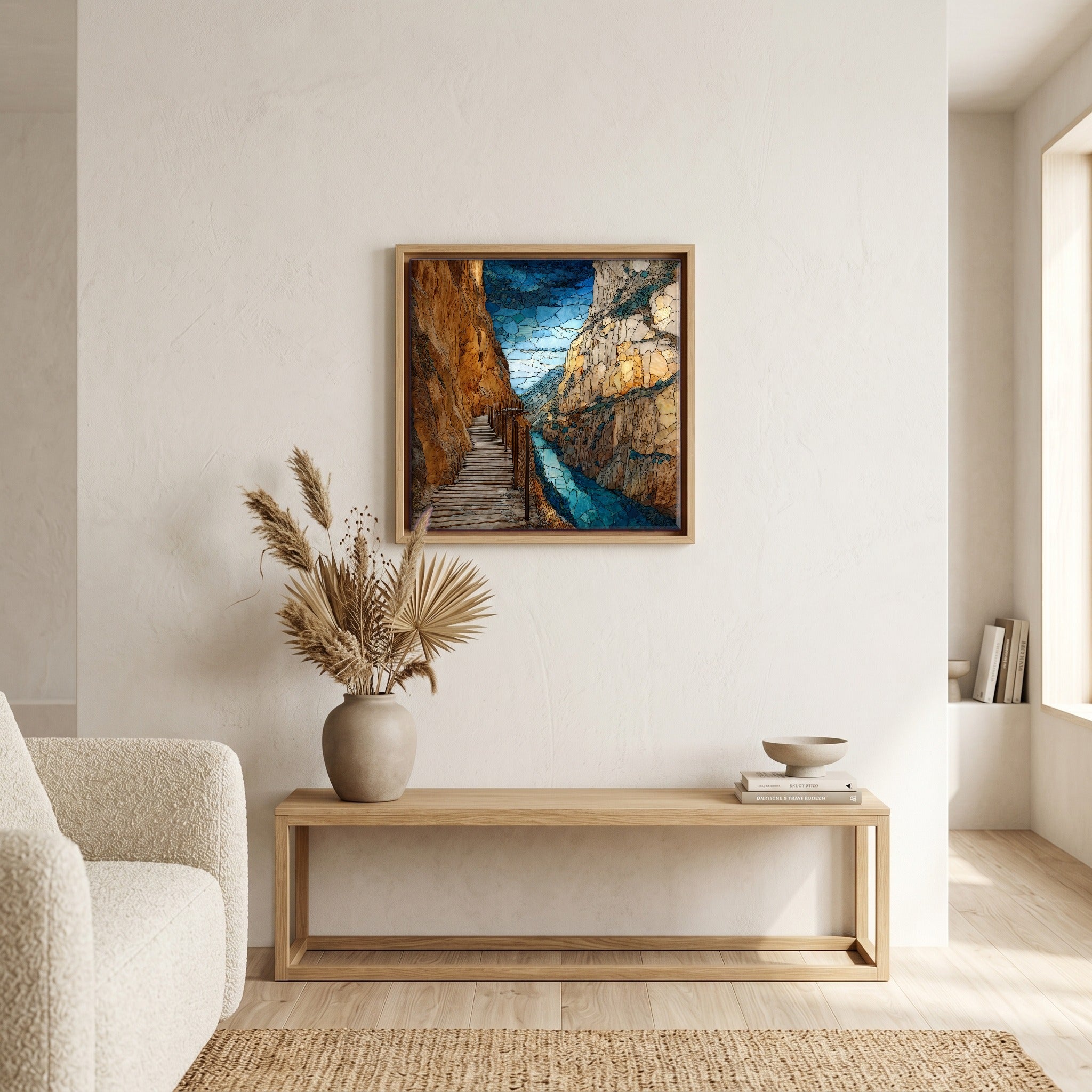In the living room, above the sofa.