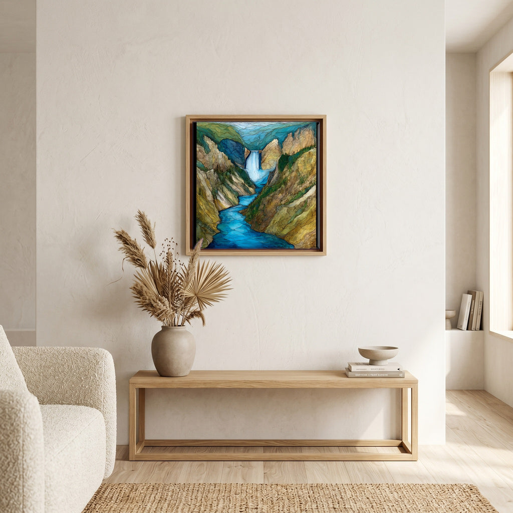 In the living room, above the sofa.