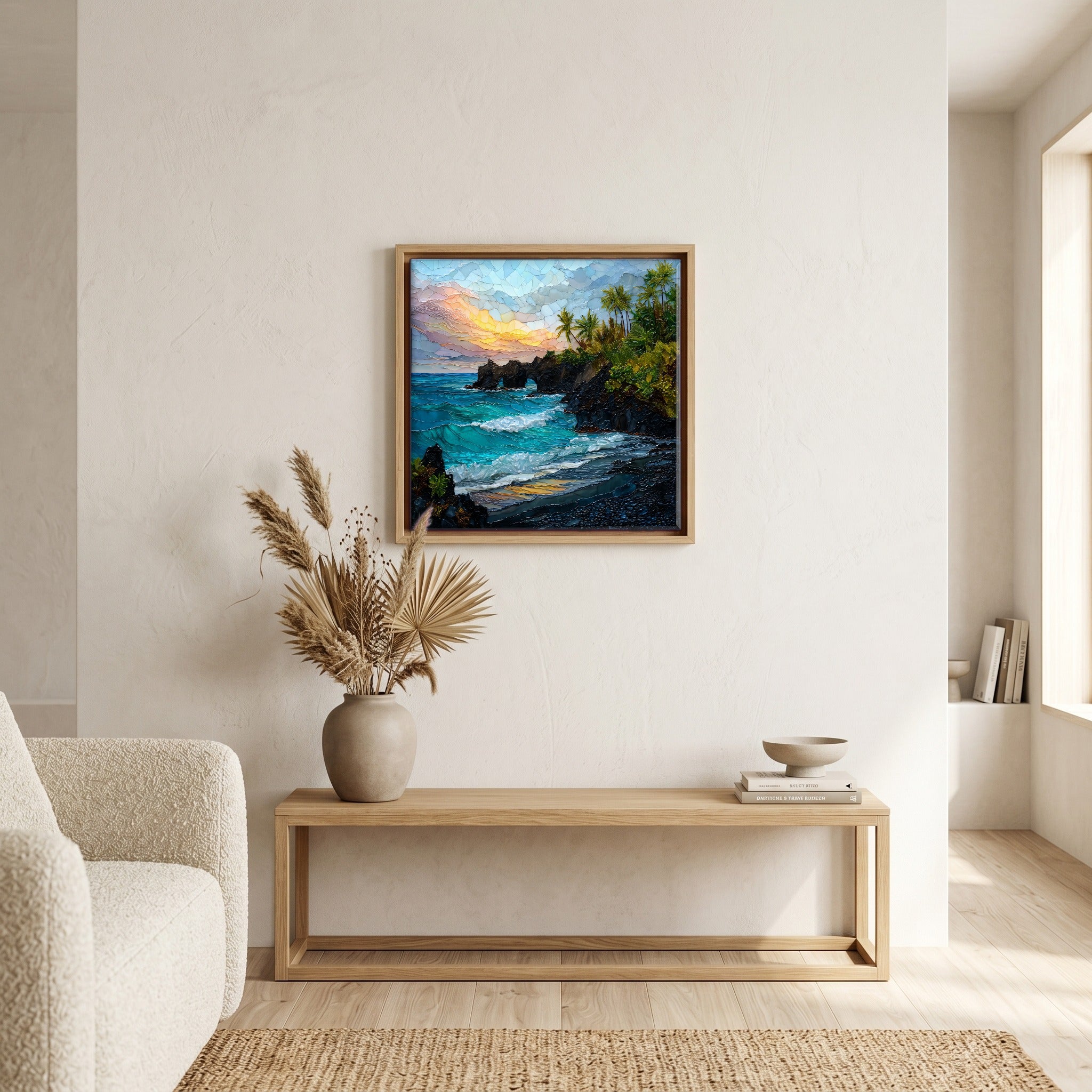 Above the bench, in a warm oak surround.