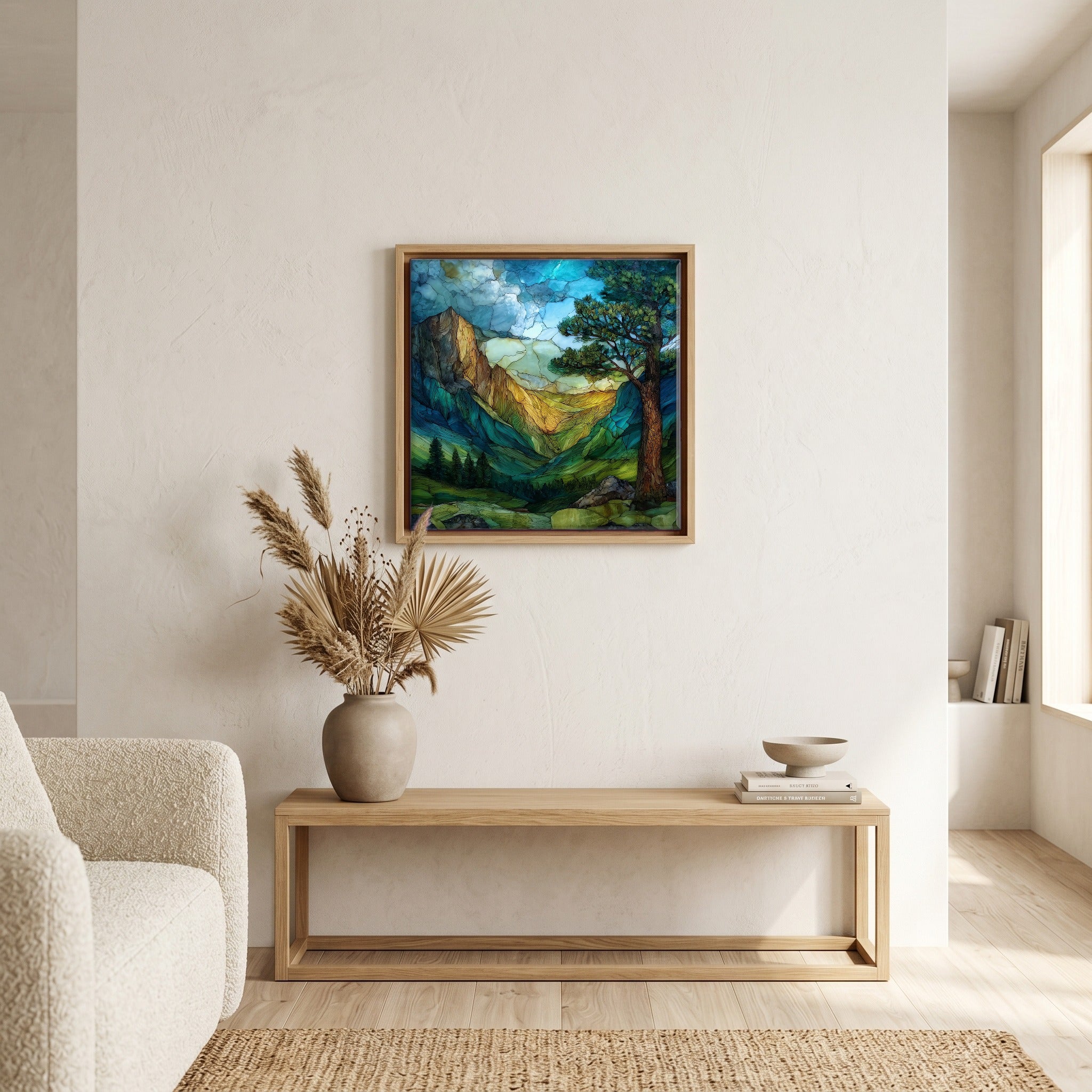Above the bench, in a warm oak surround.