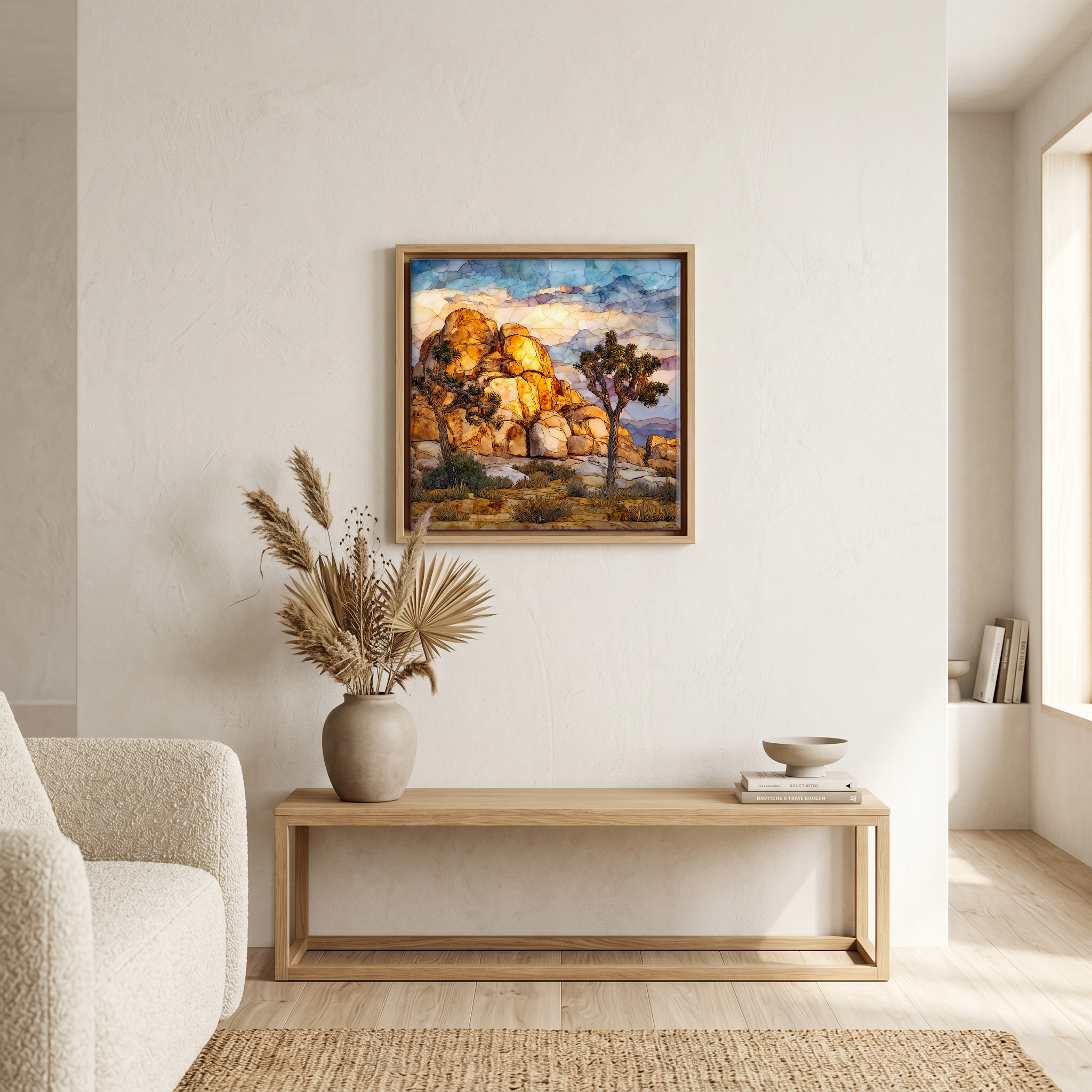 Above the bench, in a warm oak surround.