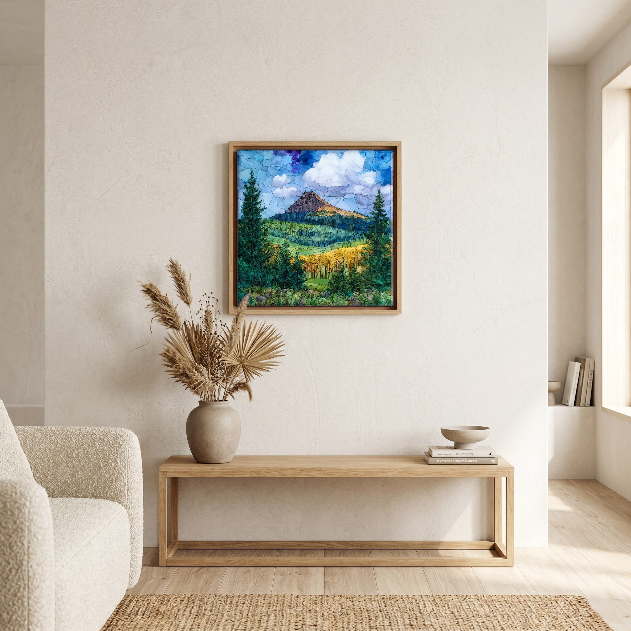 In the living room, above the sofa.