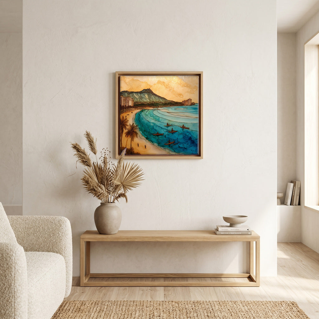 Above the bench, in a warm oak surround.