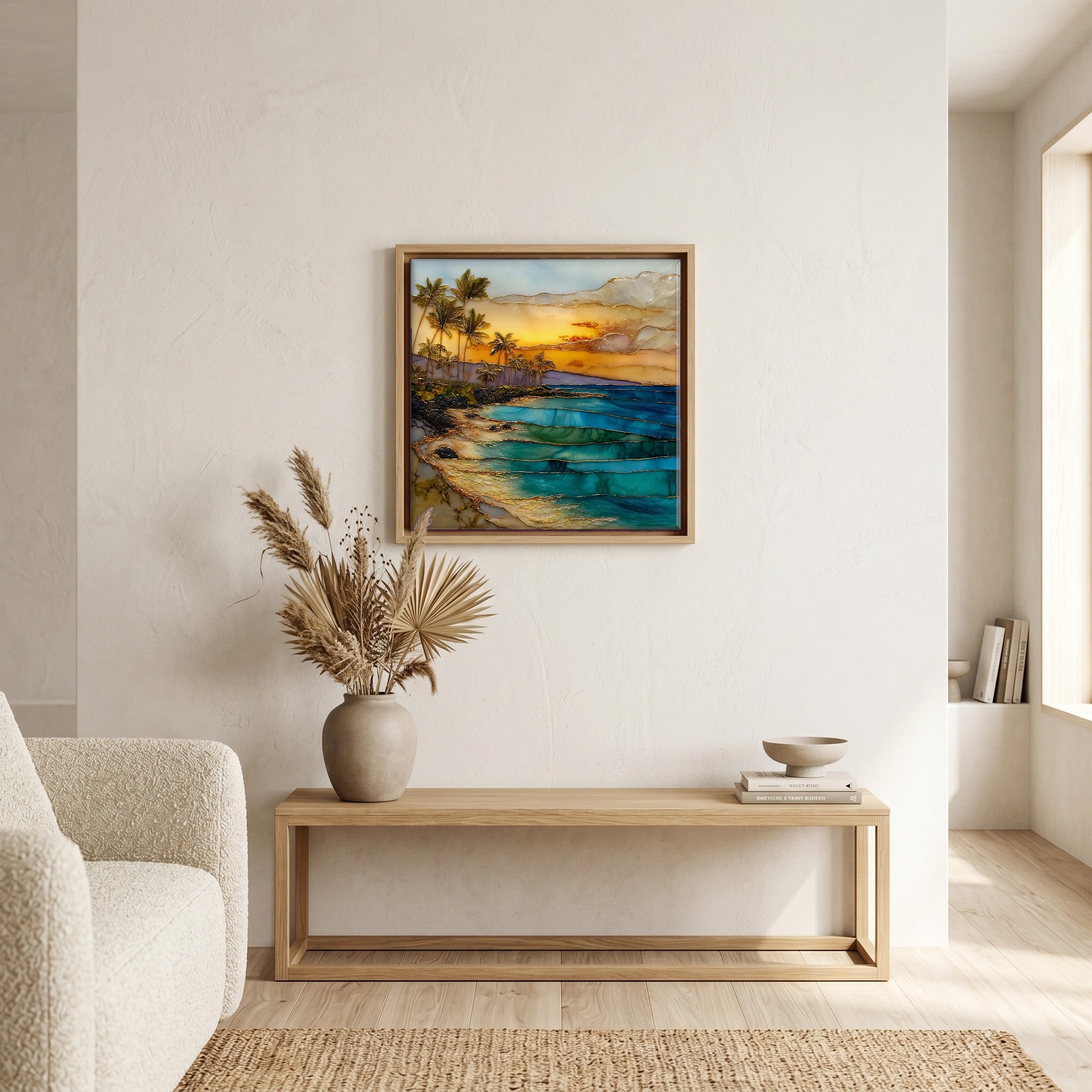 Above the bench, in a warm oak surround.