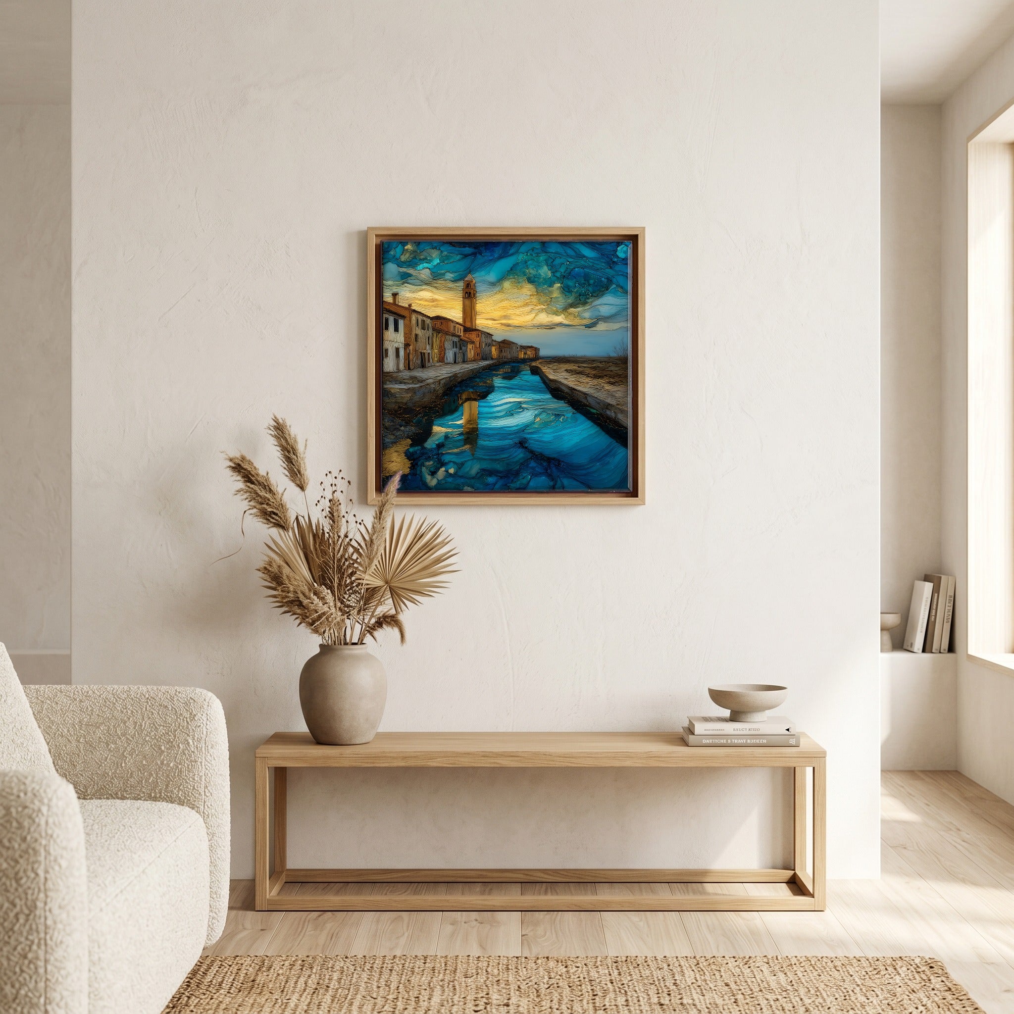 Above the bench, in a warm oak surround.