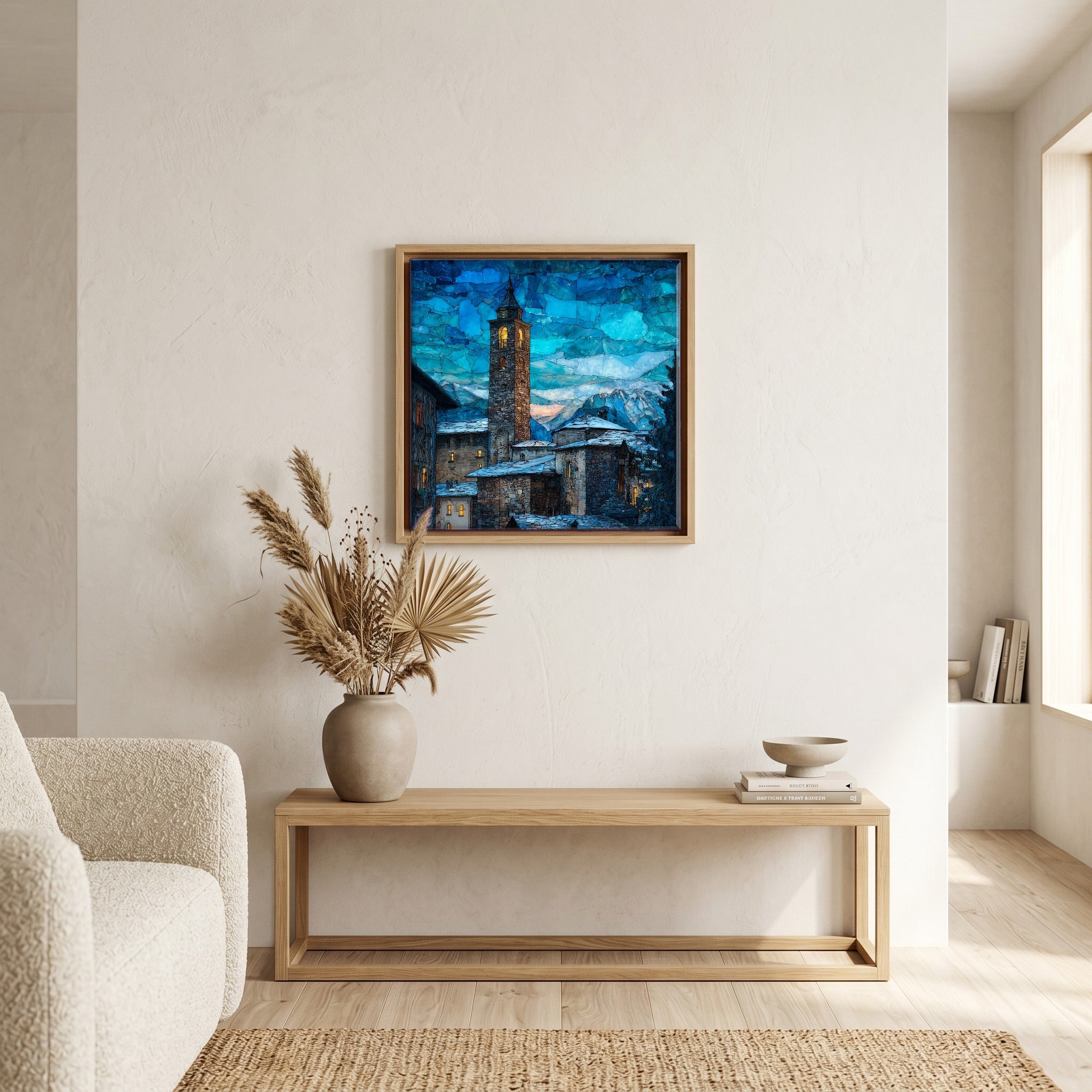 Above the bench, in a warm oak surround.