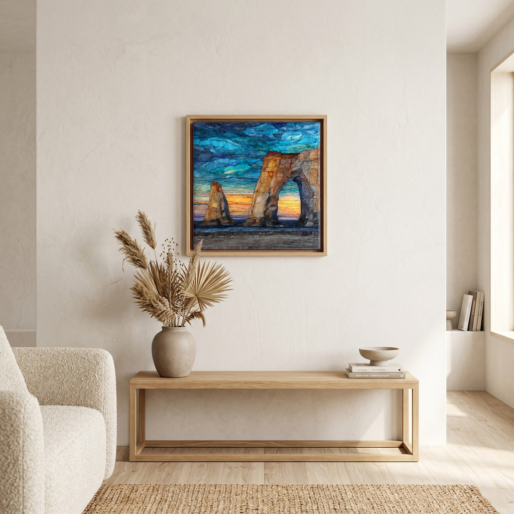In the living room, above the sofa.