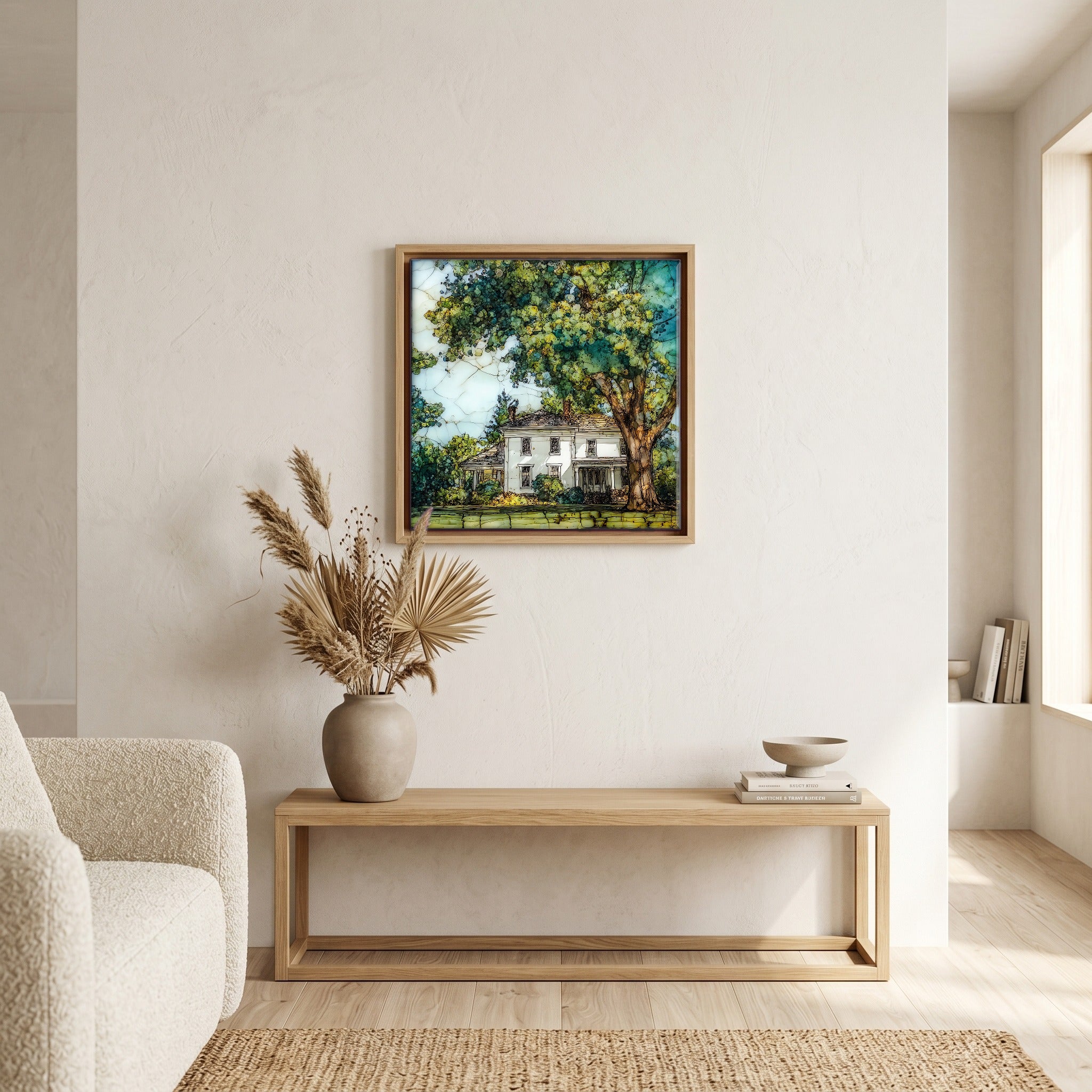 In the living room, above the sofa.