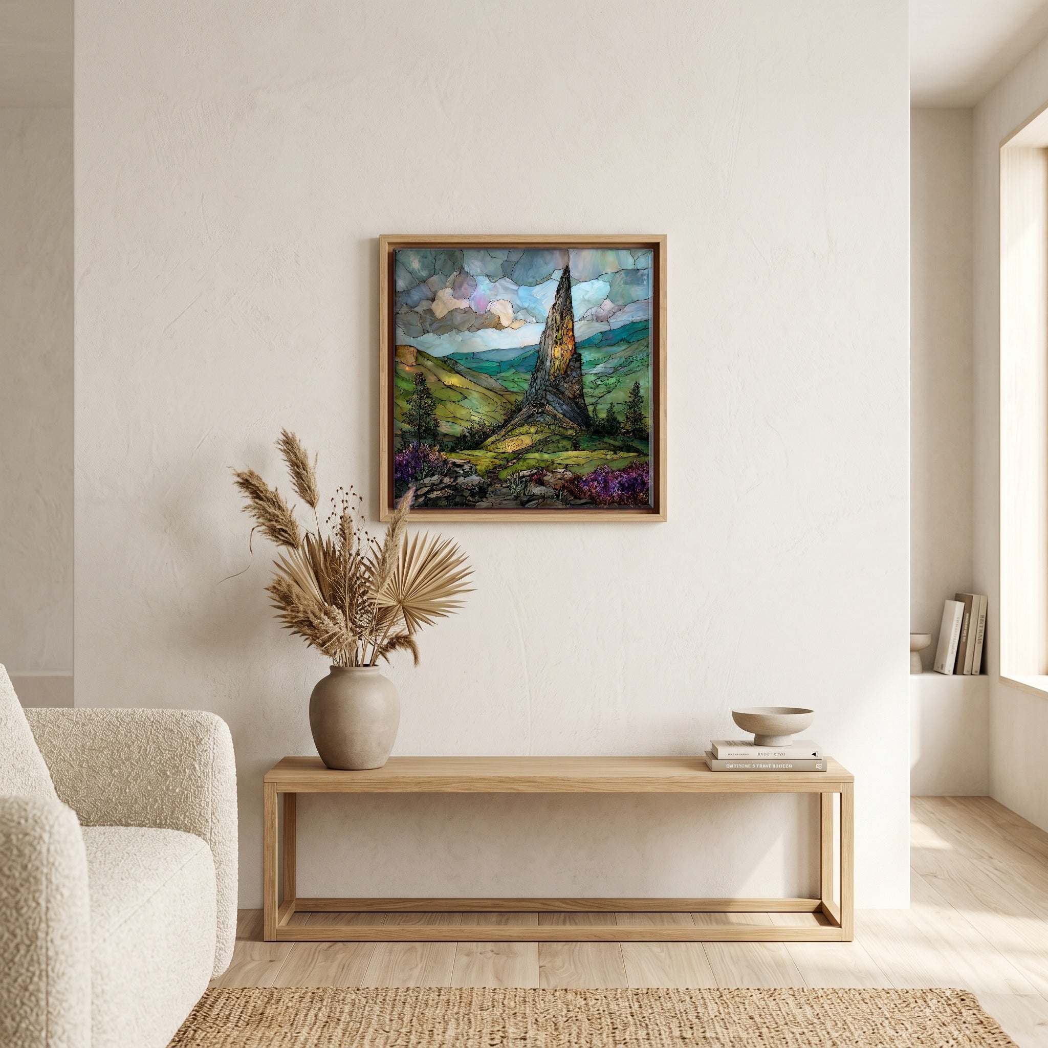 In the living room, above the sofa.