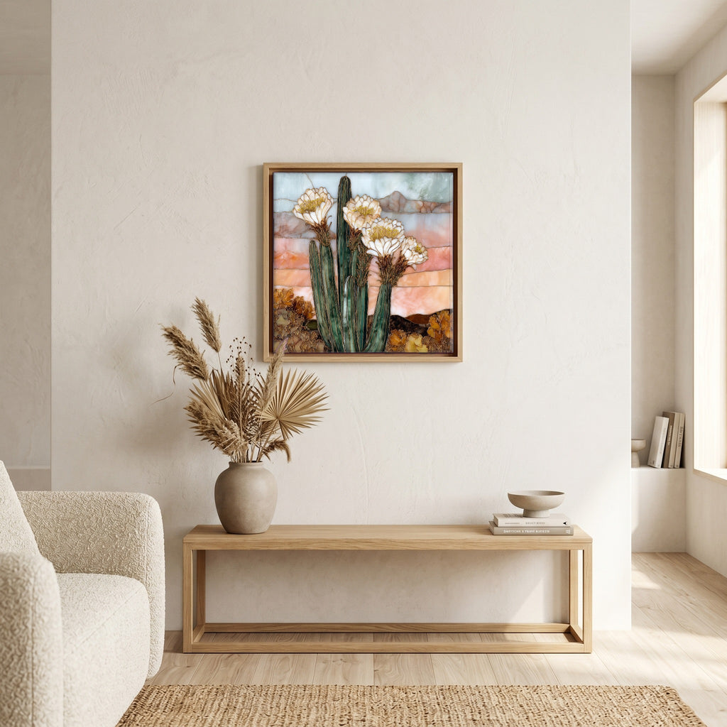 In the living room, above the sofa.