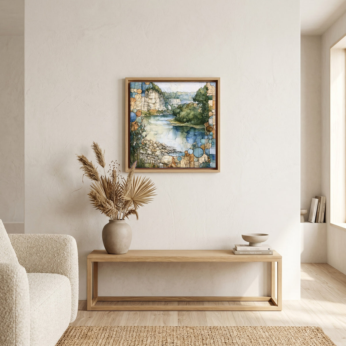 In the living room, above the sofa.