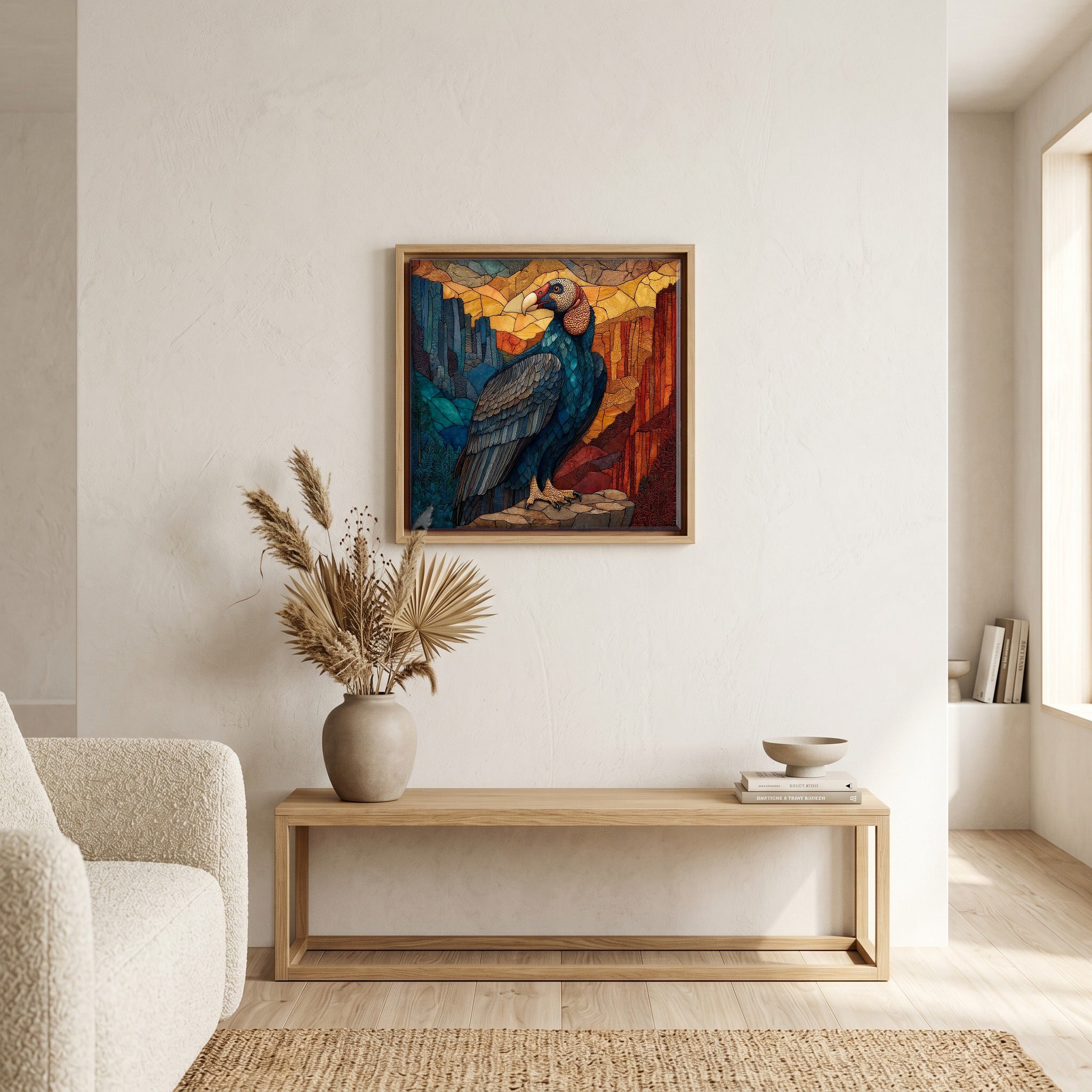 In the living room, above the sofa.