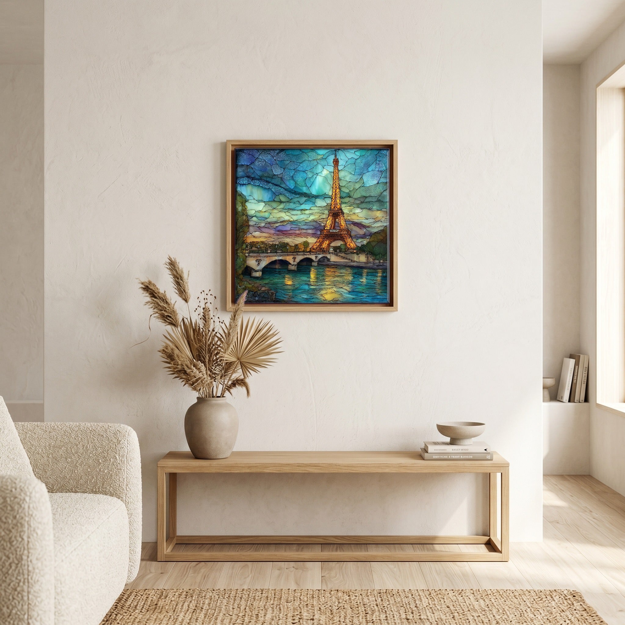 Above the bench, in a warm oak surround.