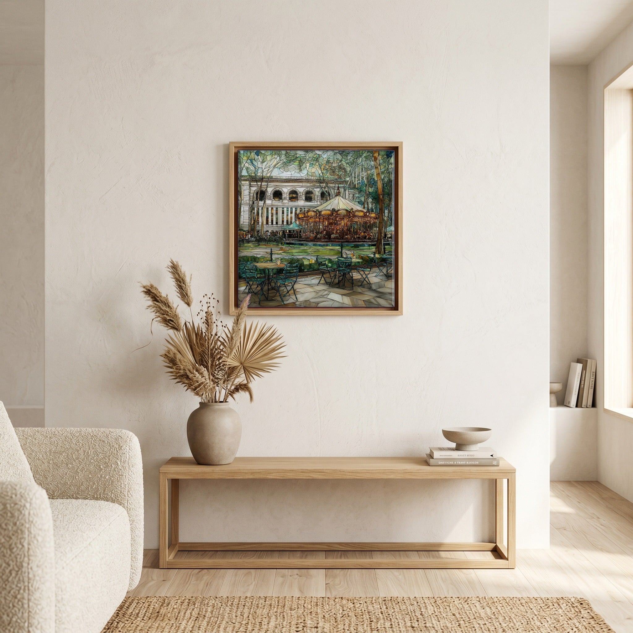 In the living room, above the sofa.
