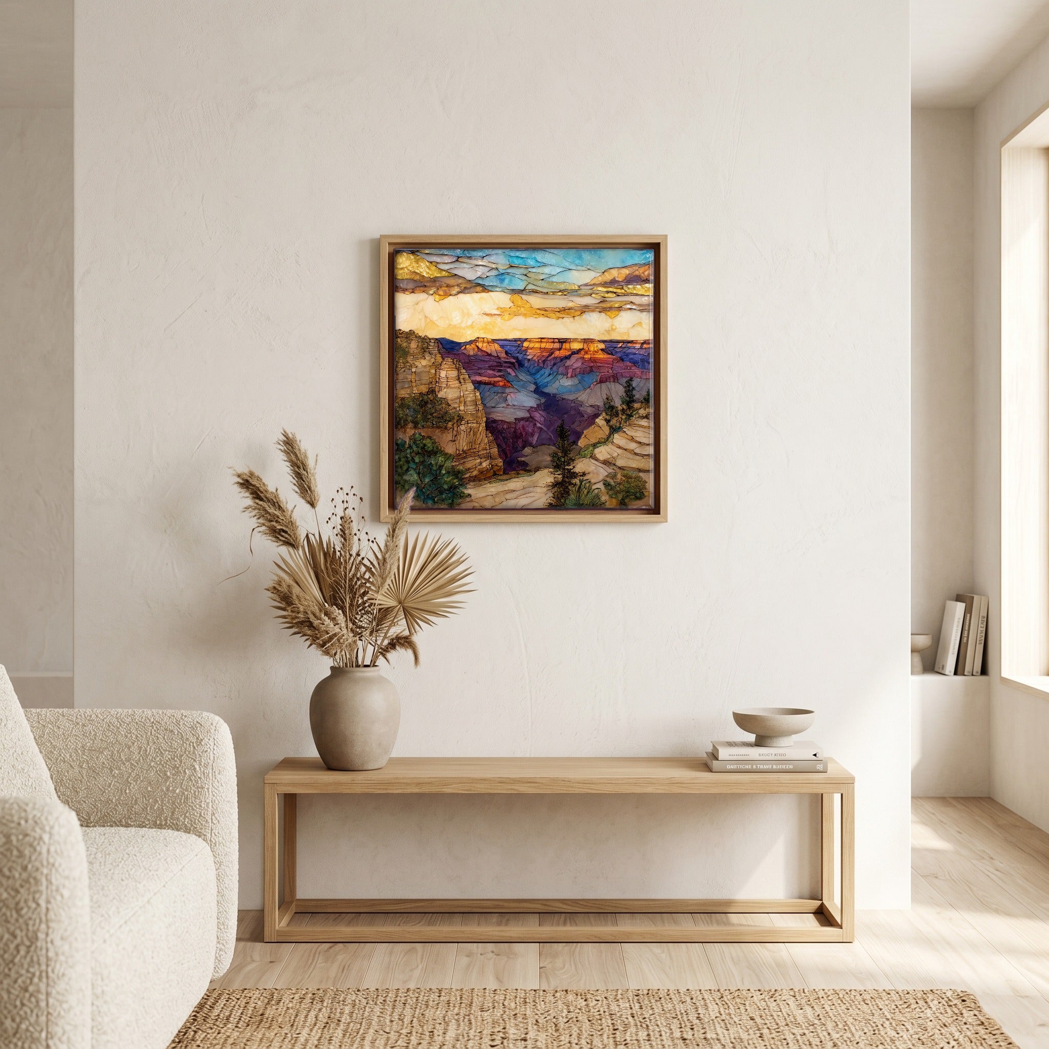 In the living room, above the sofa.