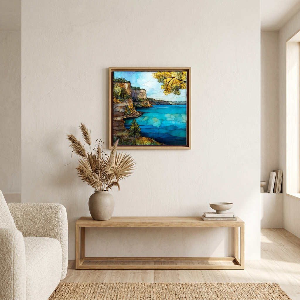 In the living room, above the sofa.