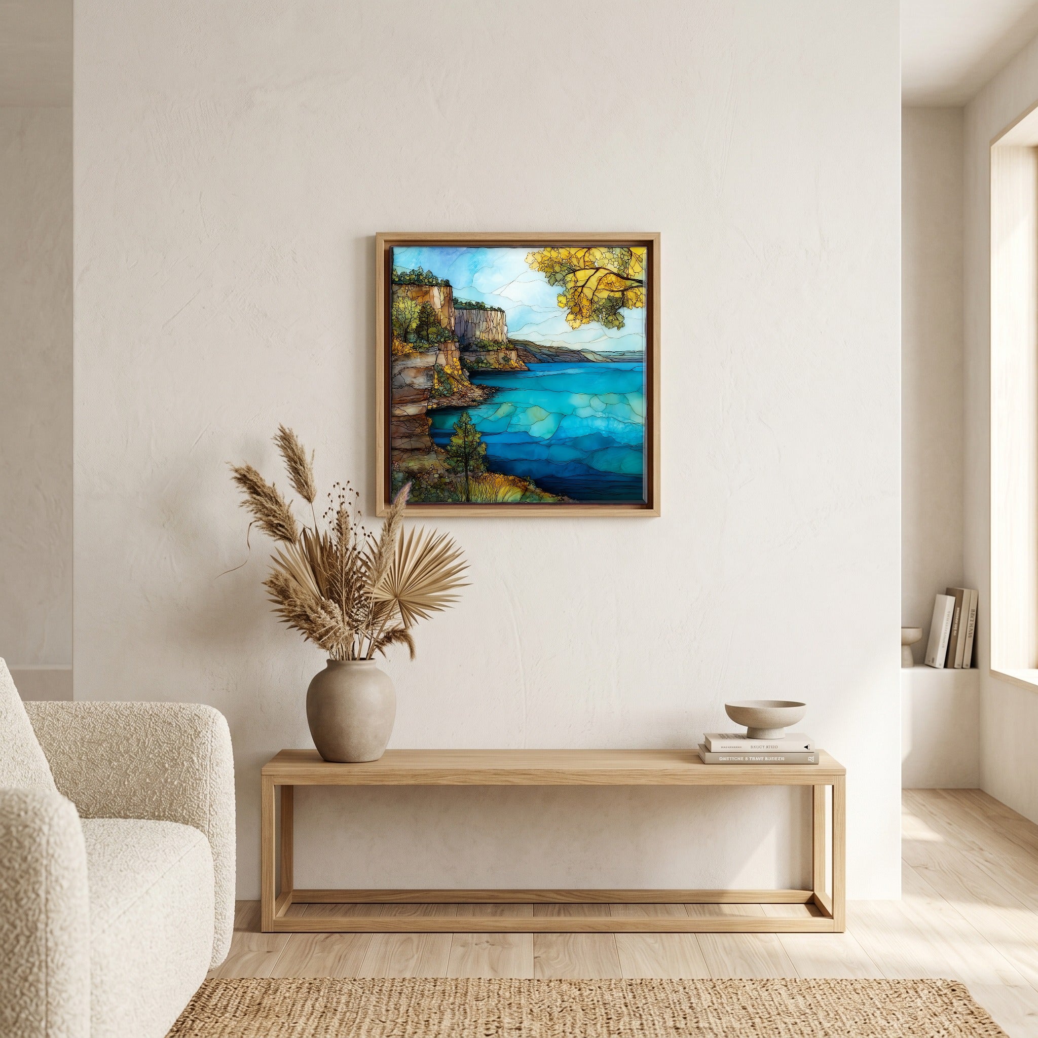 In the living room, above the sofa.