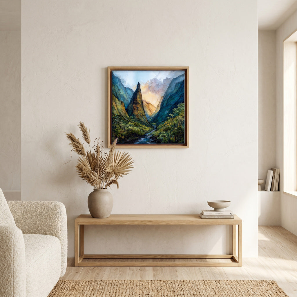 Above the bench, in a warm oak surround.
