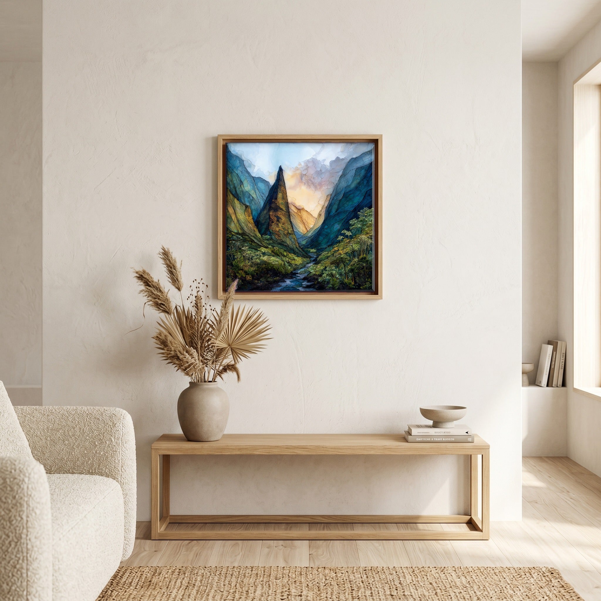 Above the bench, in a warm oak surround.