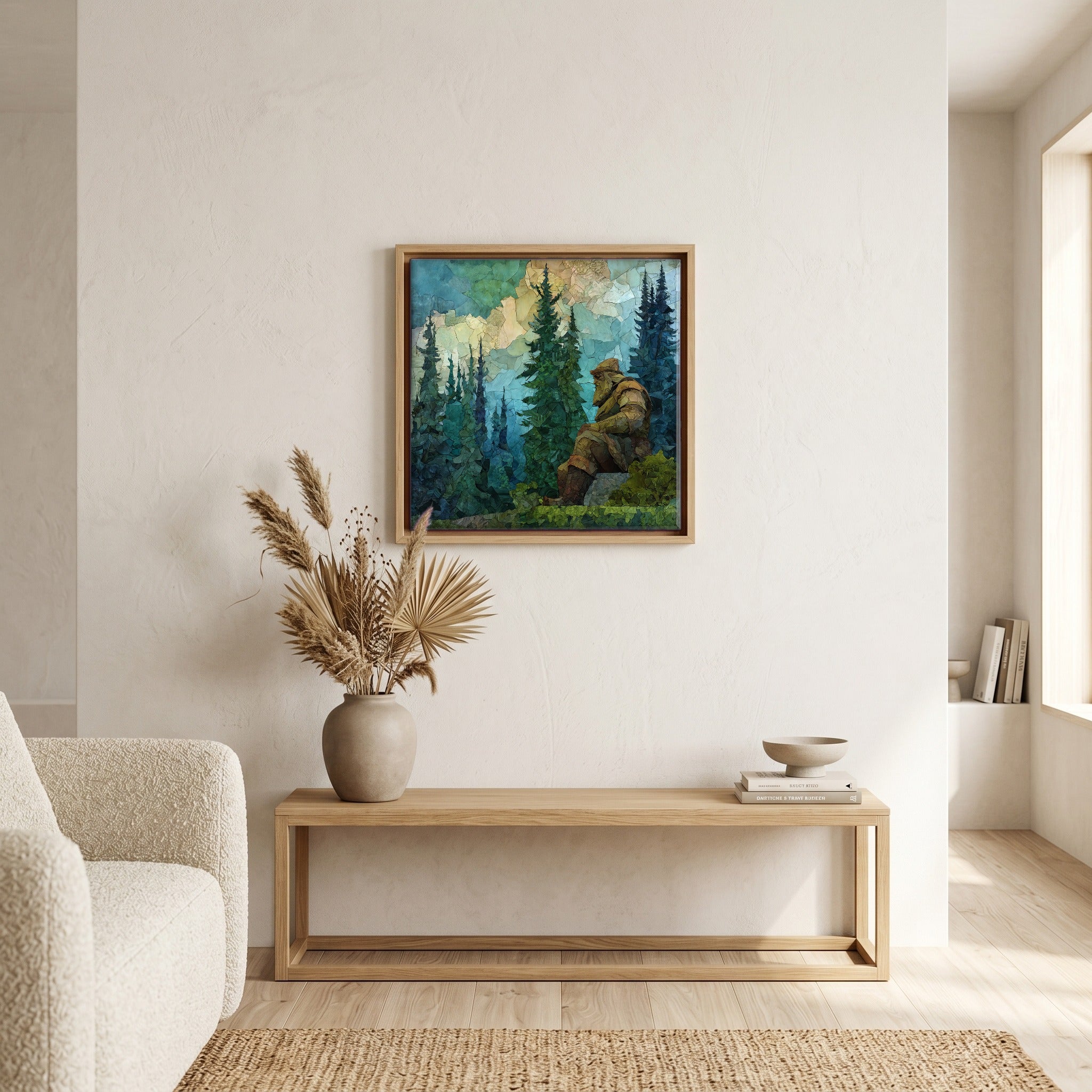 In the living room, above the sofa.