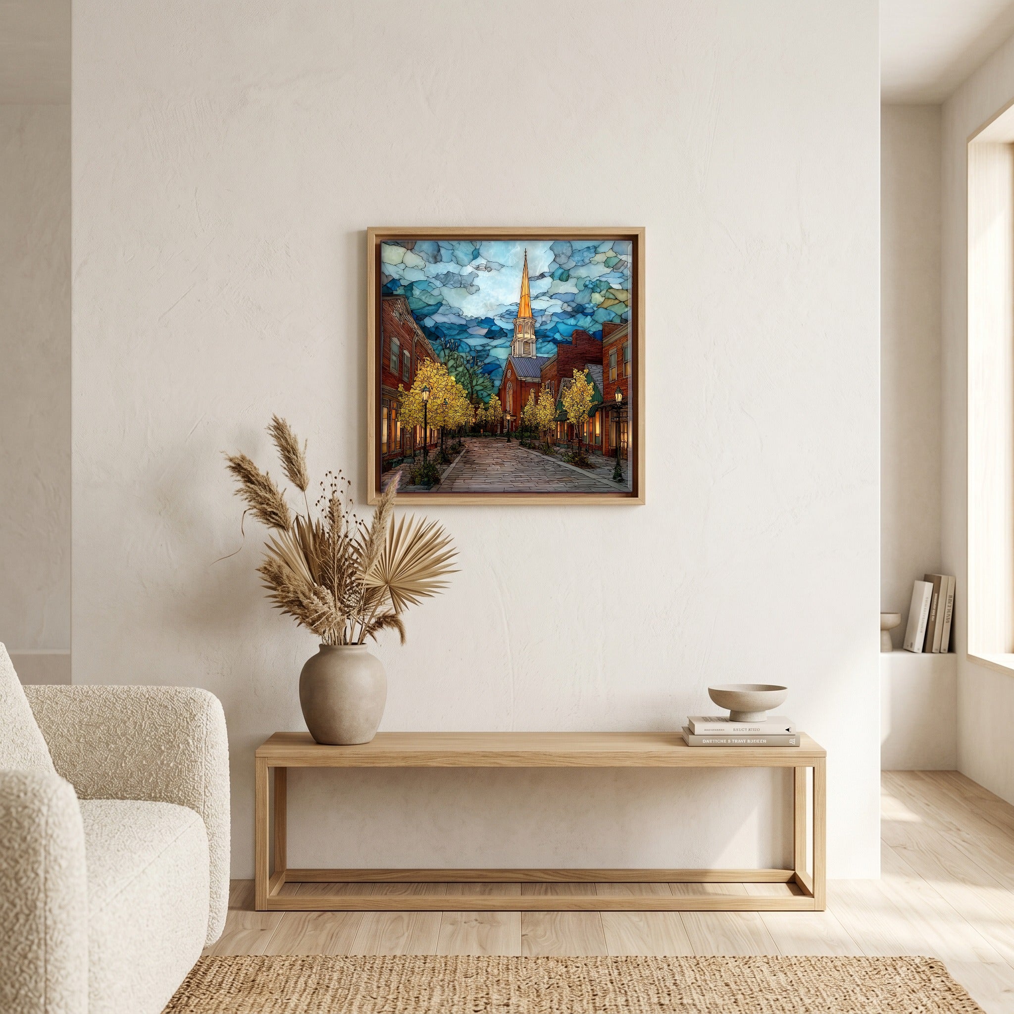 In the living room, above the sofa.
