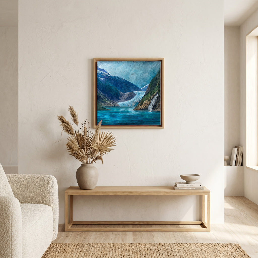 In the living room, above the sofa.