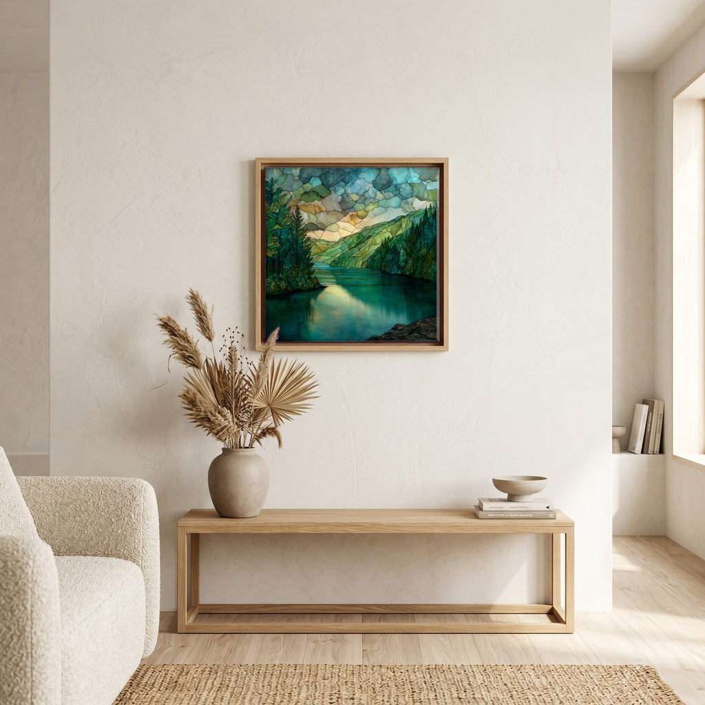 In the living room, above the sofa.