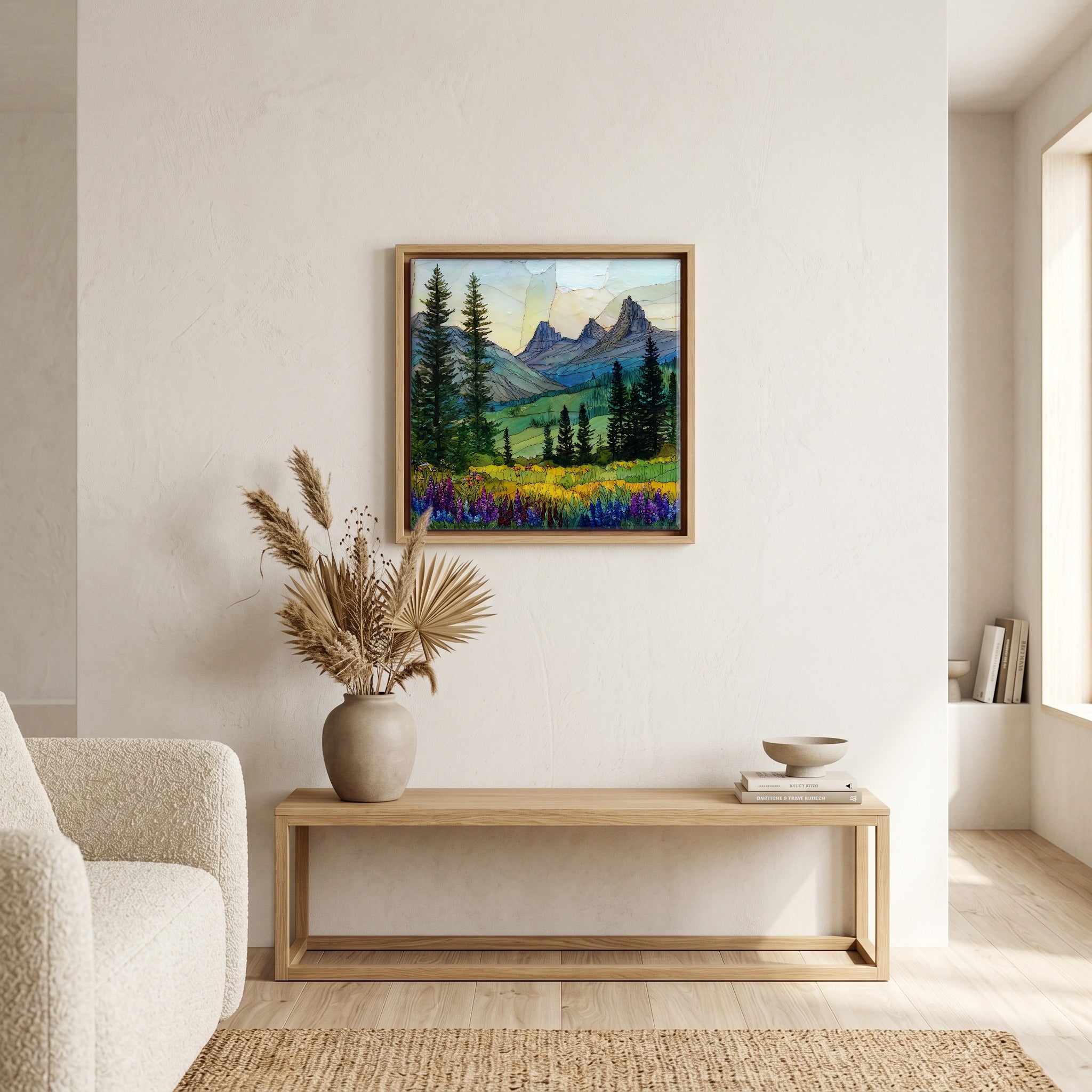 In the living room, above the sofa.