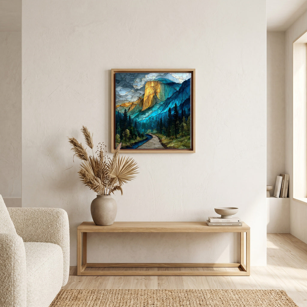 In the living room, above the sofa.