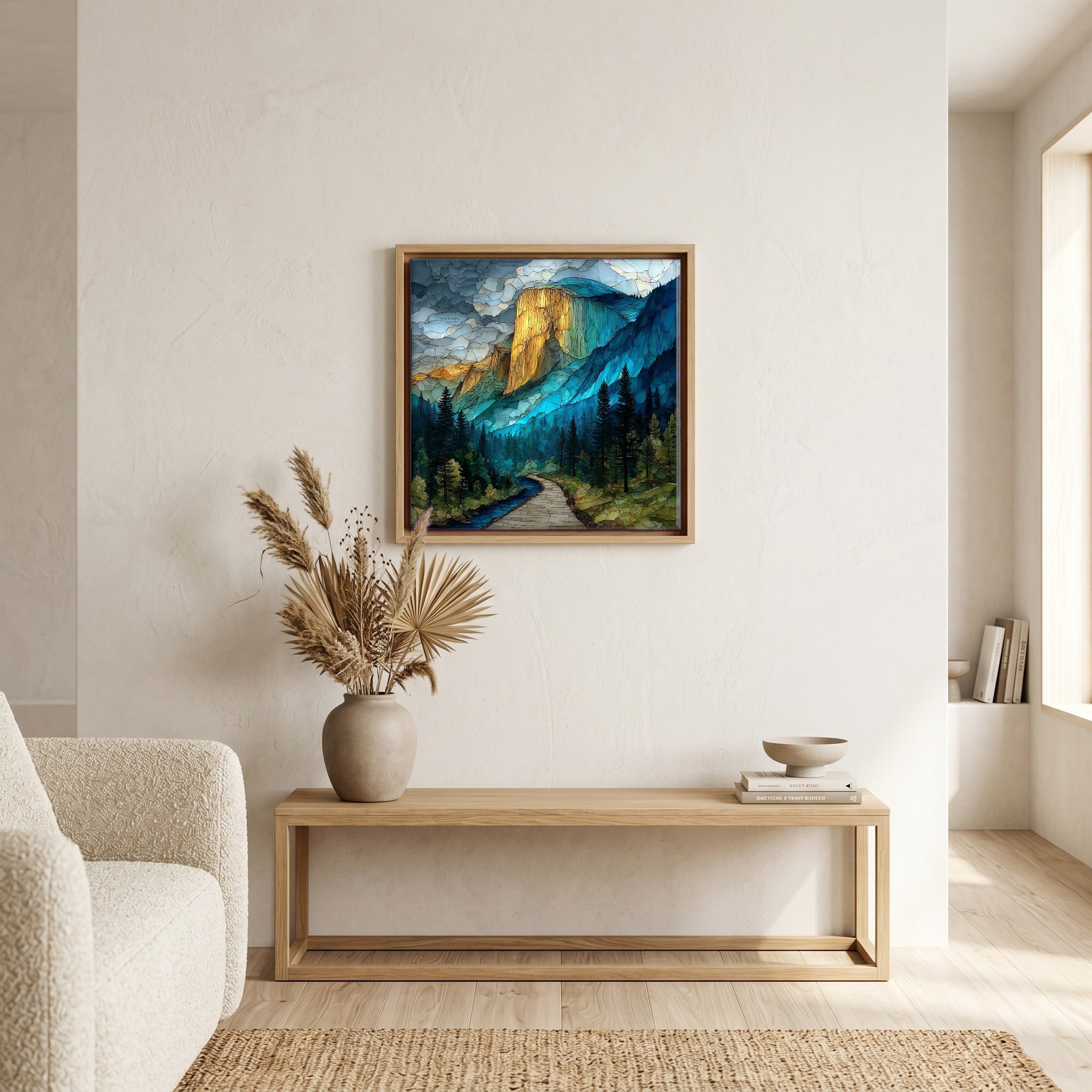 In the living room, above the sofa.