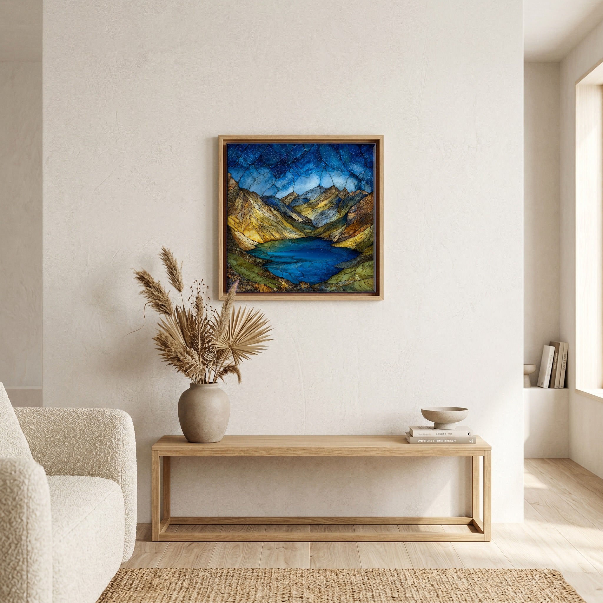 In the living room, above the sofa.