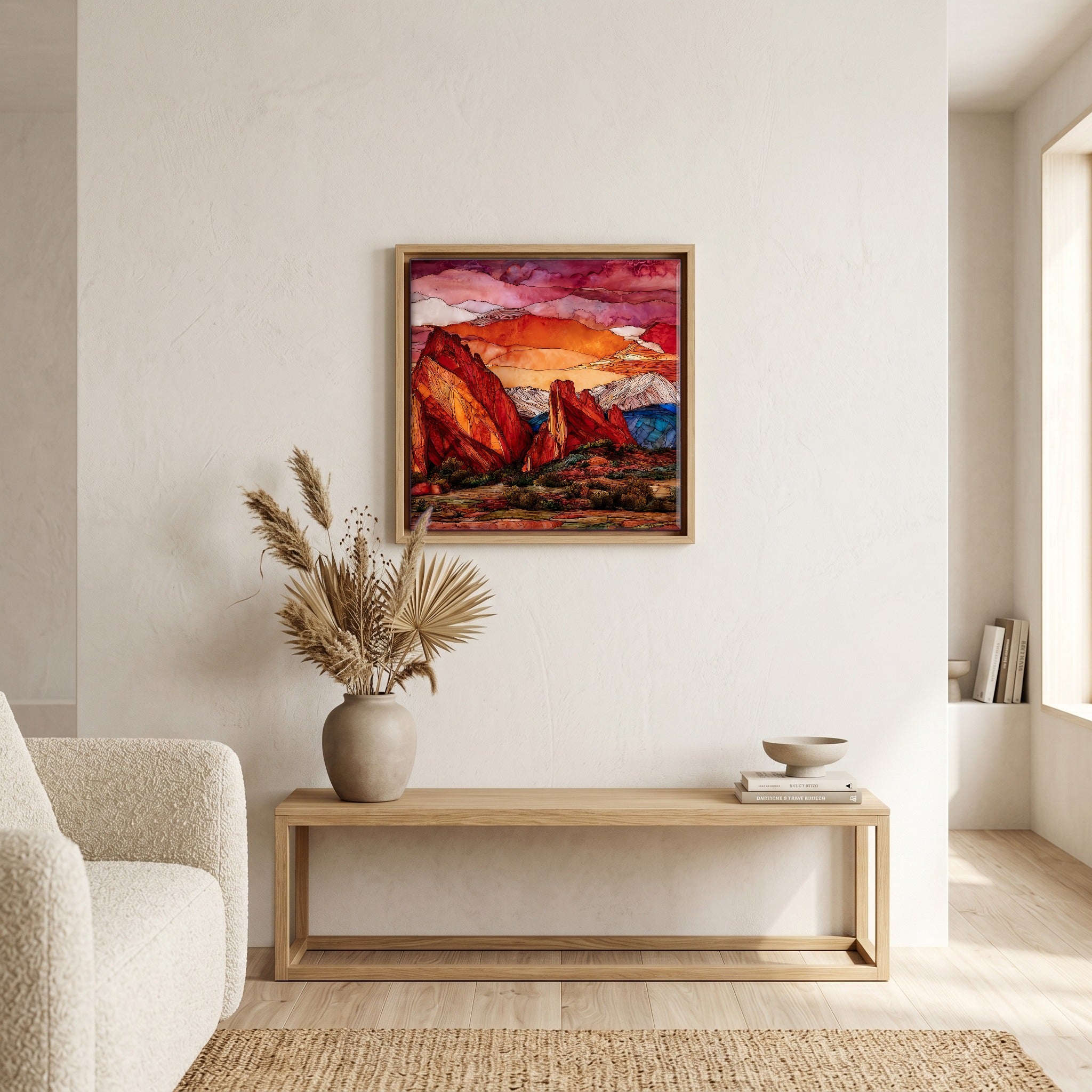 In the living room, above the sofa.