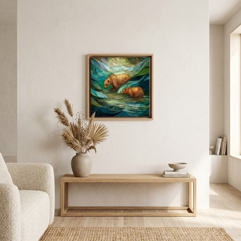 In the living room, above the sofa.